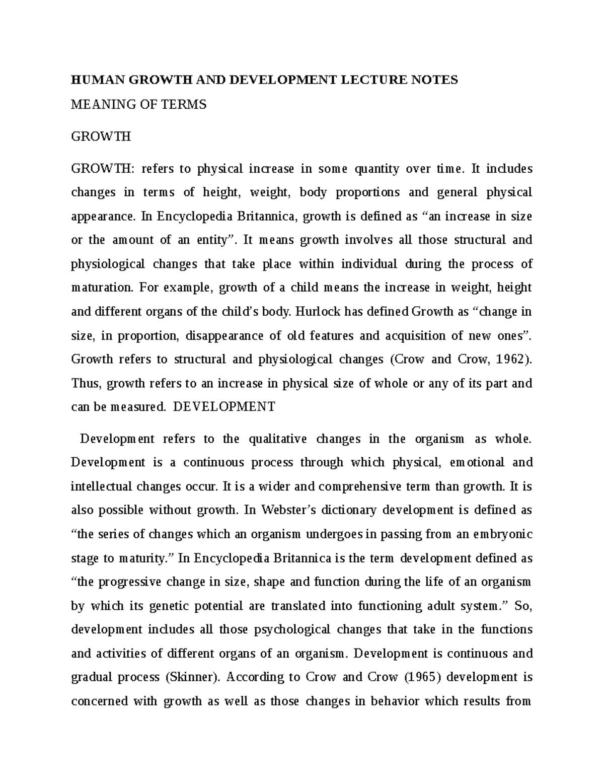 Human Growth AND Development Lecture Notes - HUMAN GROWTH AND ...
