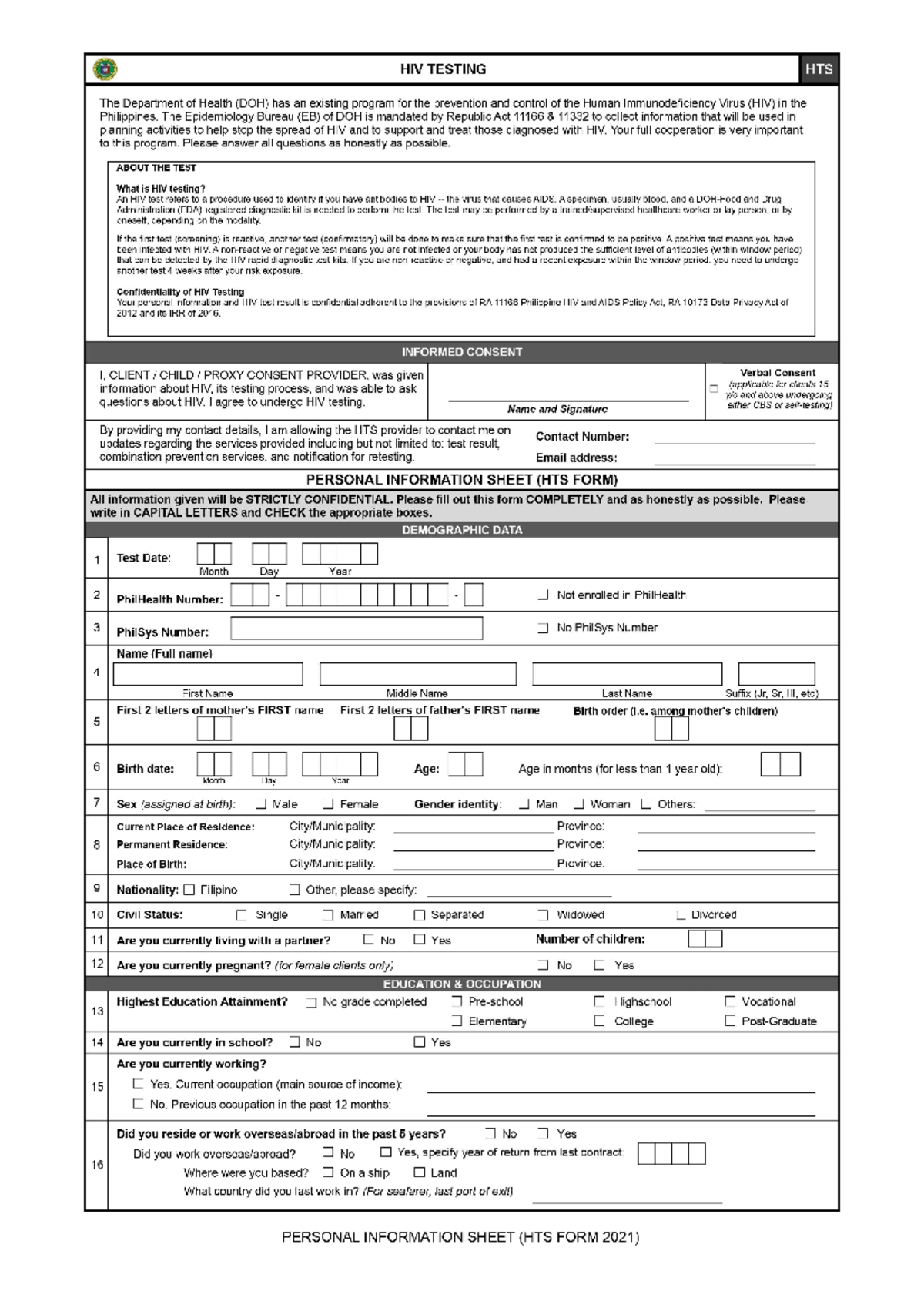 Form A HTS 20211 HTS for HIV patient Community health nursing