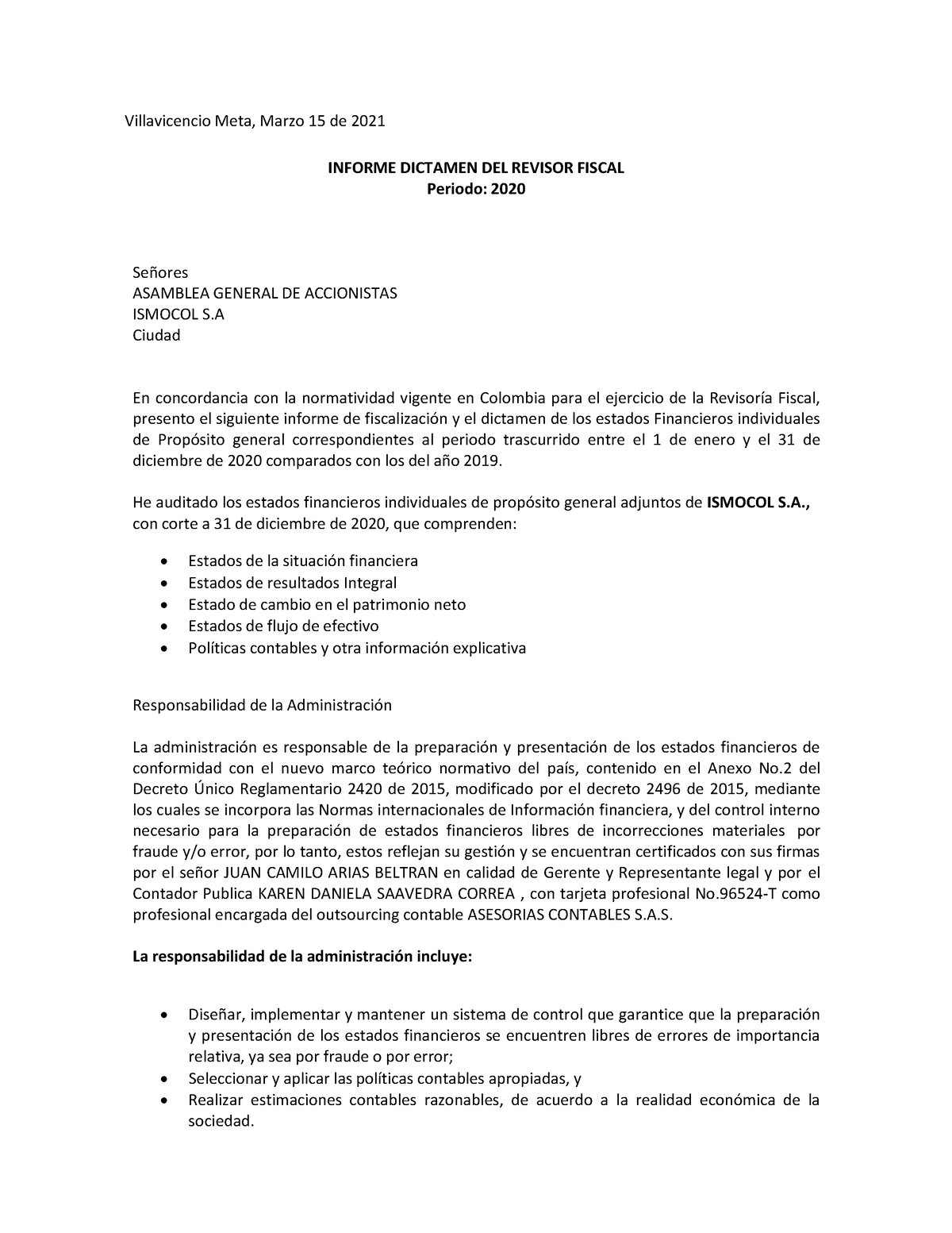 Dictamen De Revisoria Fiscal Villavicencio Meta Marzo 15 De 2021