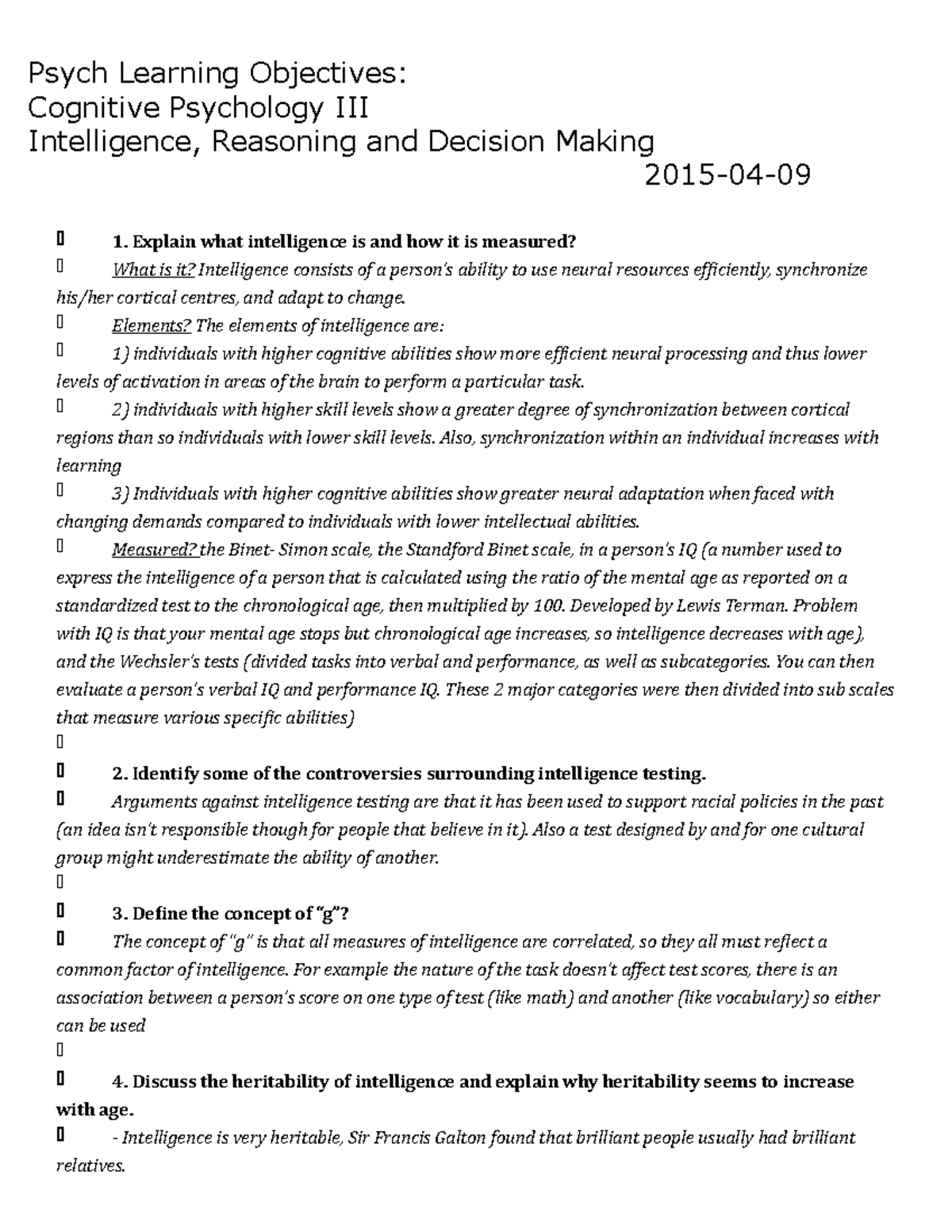 Summary, complete all learning objectives Psych Learning Objectives