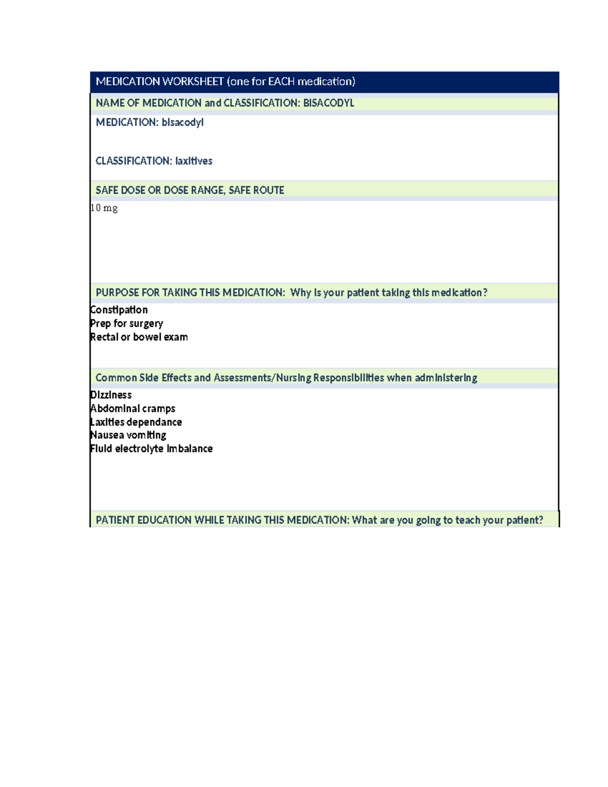 MED CARD Bisacodyl - MEDICATION WORKSHEET (one for EACH medication ...