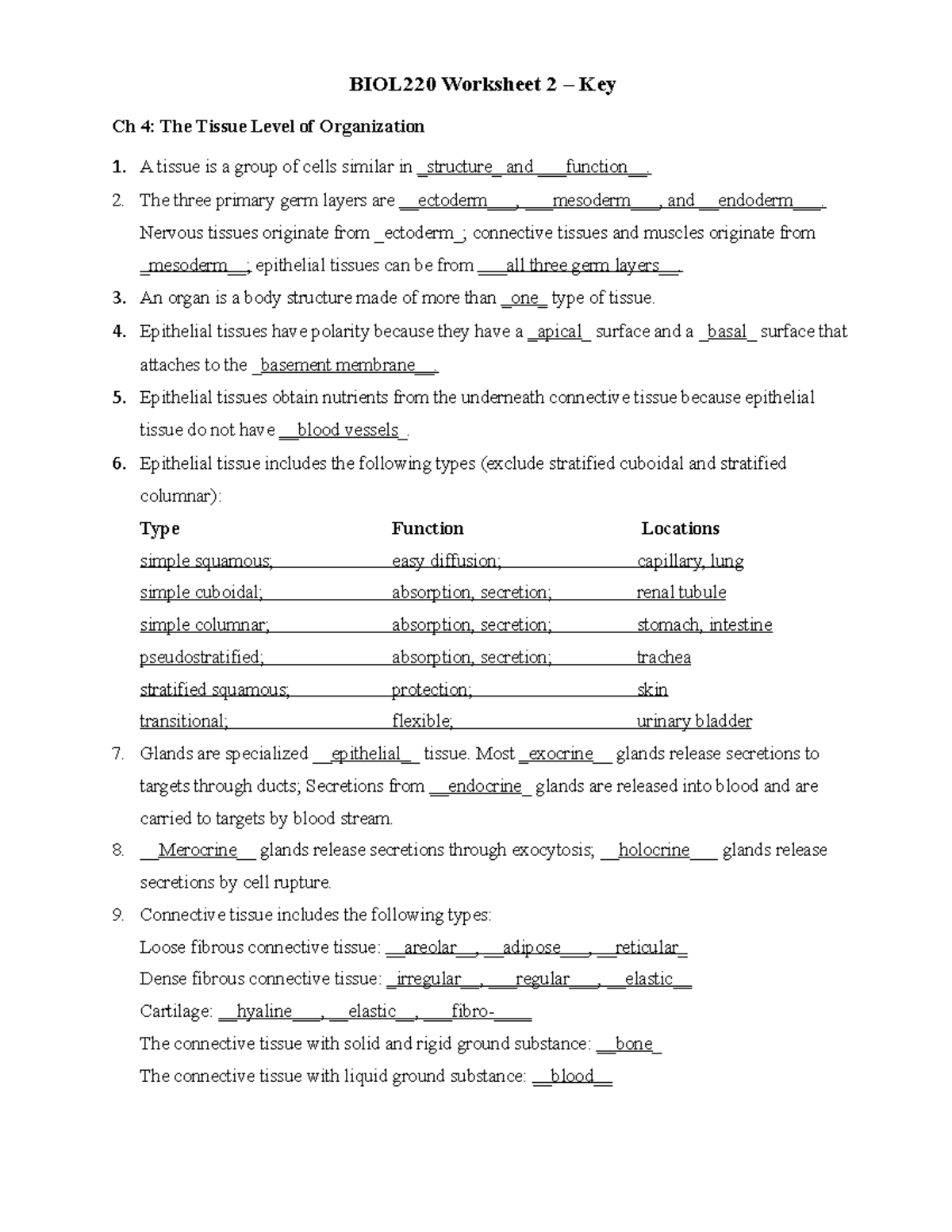 BIOL220 Worksheet 2 - Key b - BIOL220 Worksheet 2 – Key Ch 4: The ...