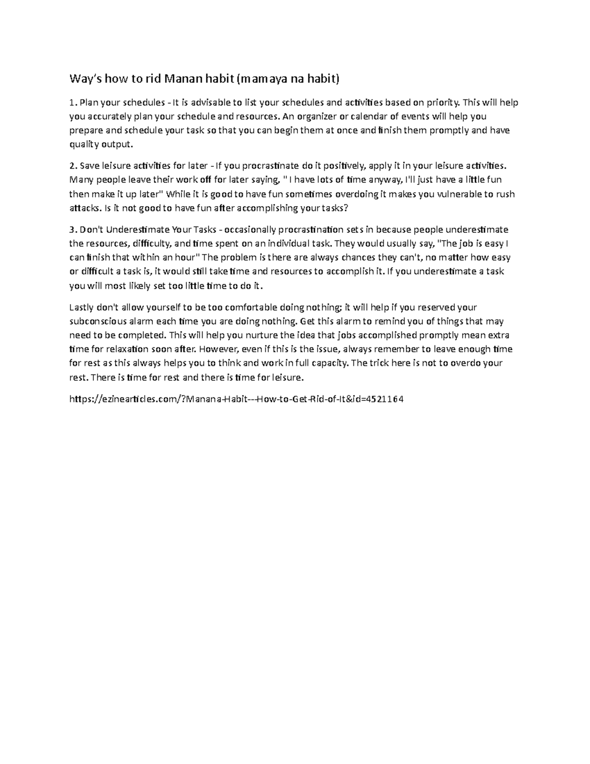 Mananahabit Lecture notes 1 Way’s how to rid Manan habit (mamaya