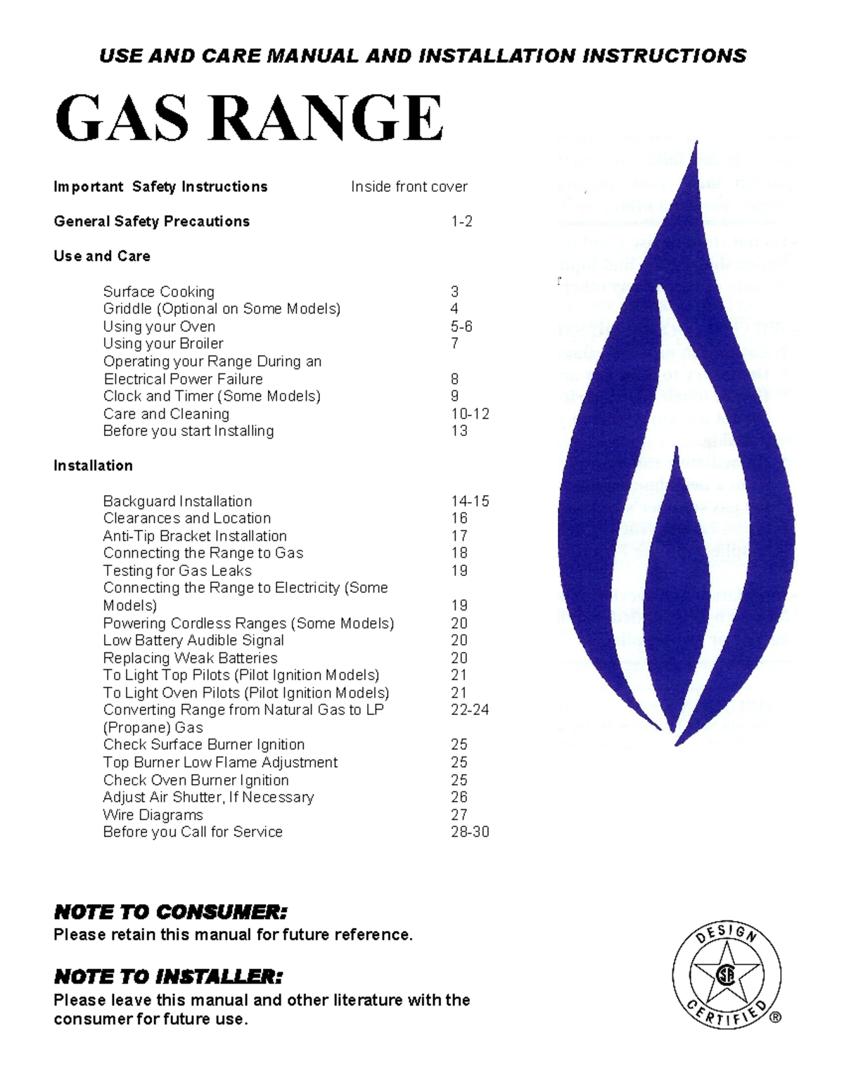 Gas Range Use Care Manual and Installation Instructions USE AND CARE MANUAL AND INSTALLATION