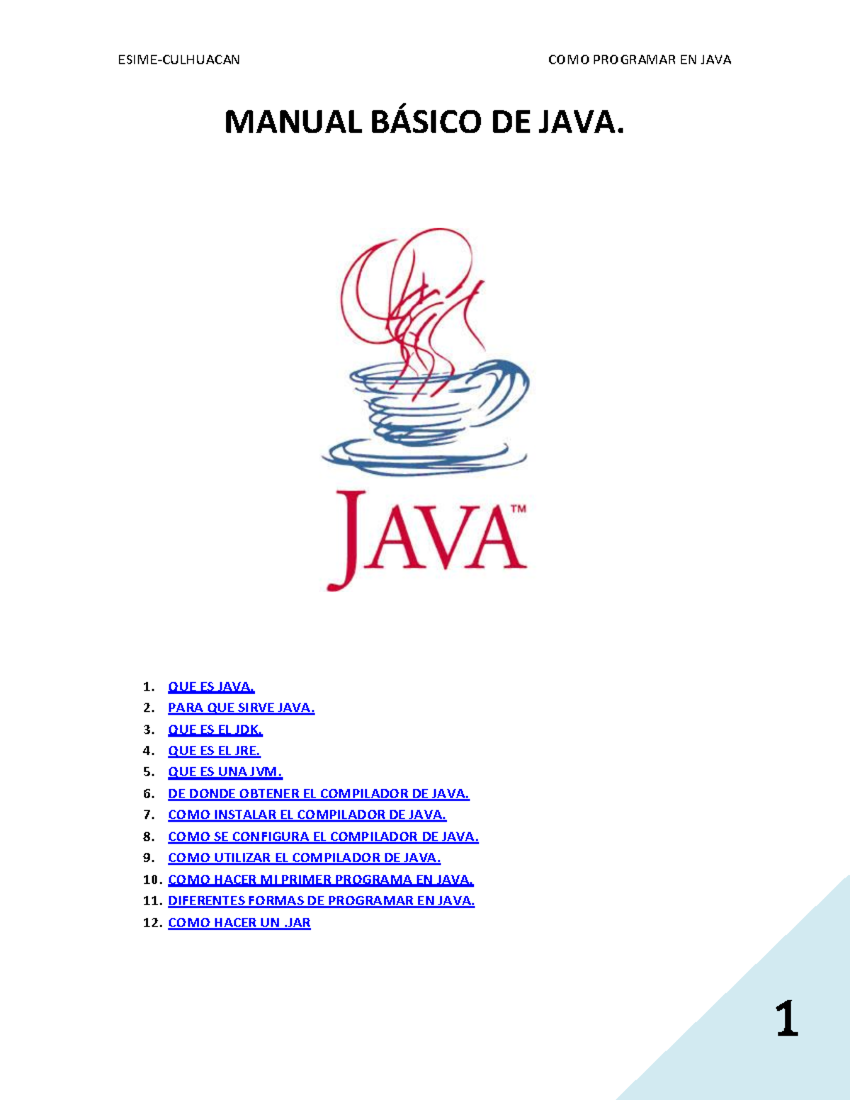 Manual para aprender a programar en Java - MANUAL BÁSICO DE JAVA. 1 ...