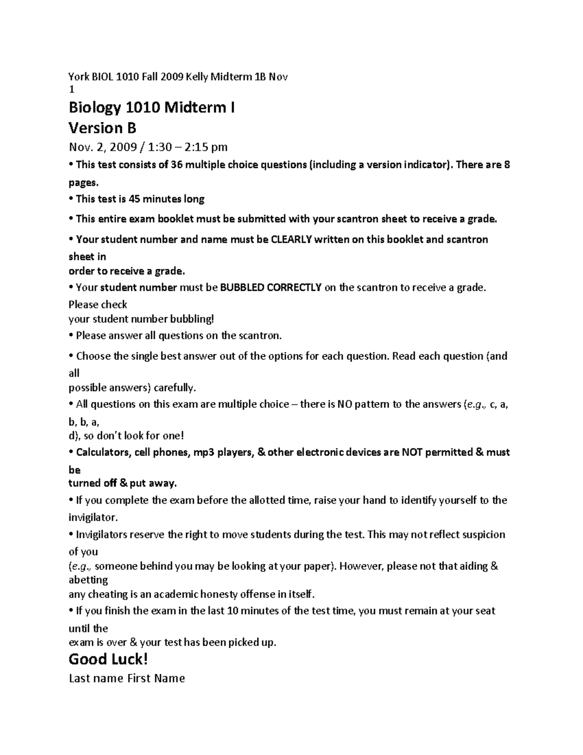 Bio Midterm Multiple Choice W Solutions - York BIOL 1010 Fall 2009 ...