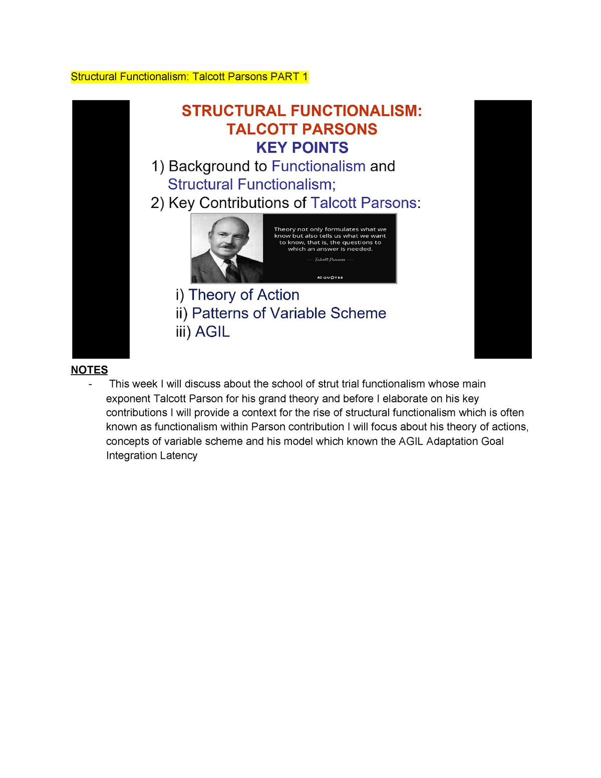 talcott parsons structural functionalism theory