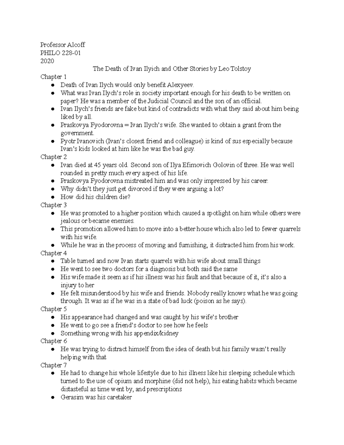Philo 228 01 the death of ivan ilyich and other stories professor