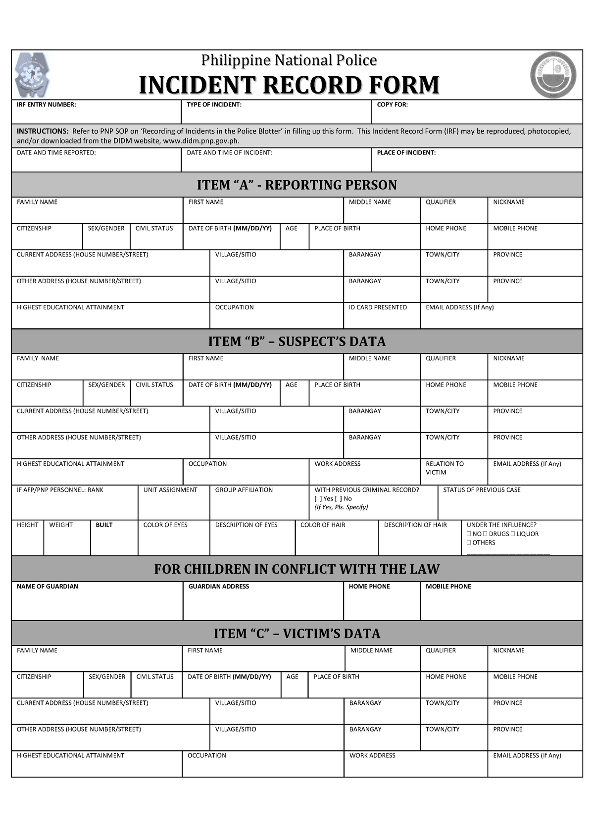 Revised Incident Record Form - PhPhiilliippppiinnee NNaattiioonnaall ...