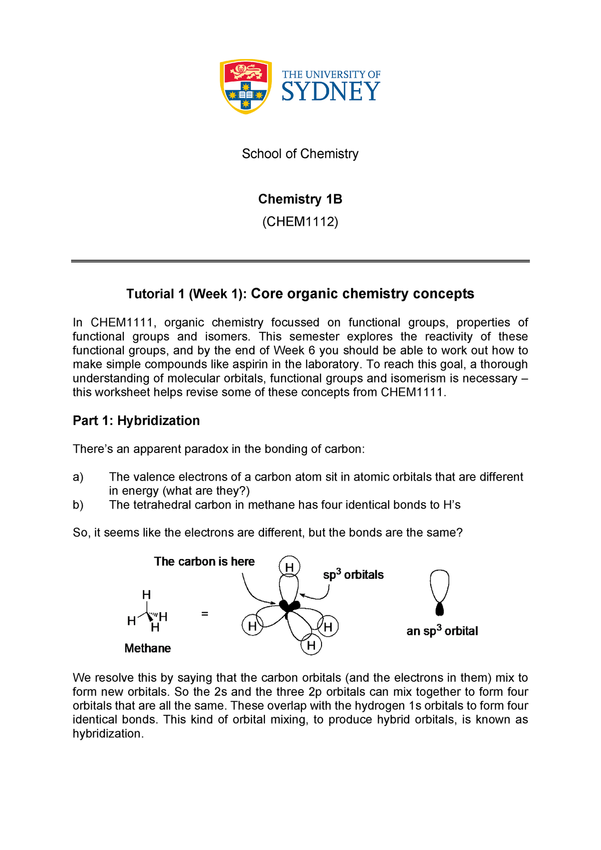 Tutorial 01 - School Of Chemistry Chemistry 1B (CHEM1112) Tutorial 1 ...