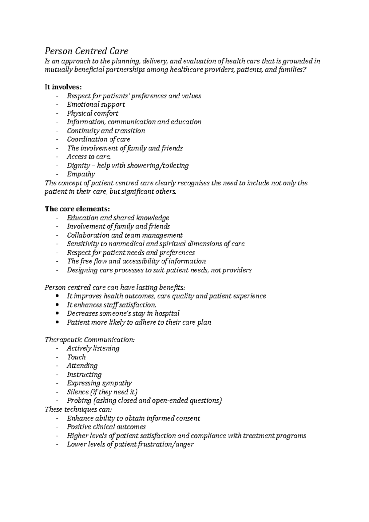 Person Centred Care Summary - Person Centred Care Is an approach to the ...