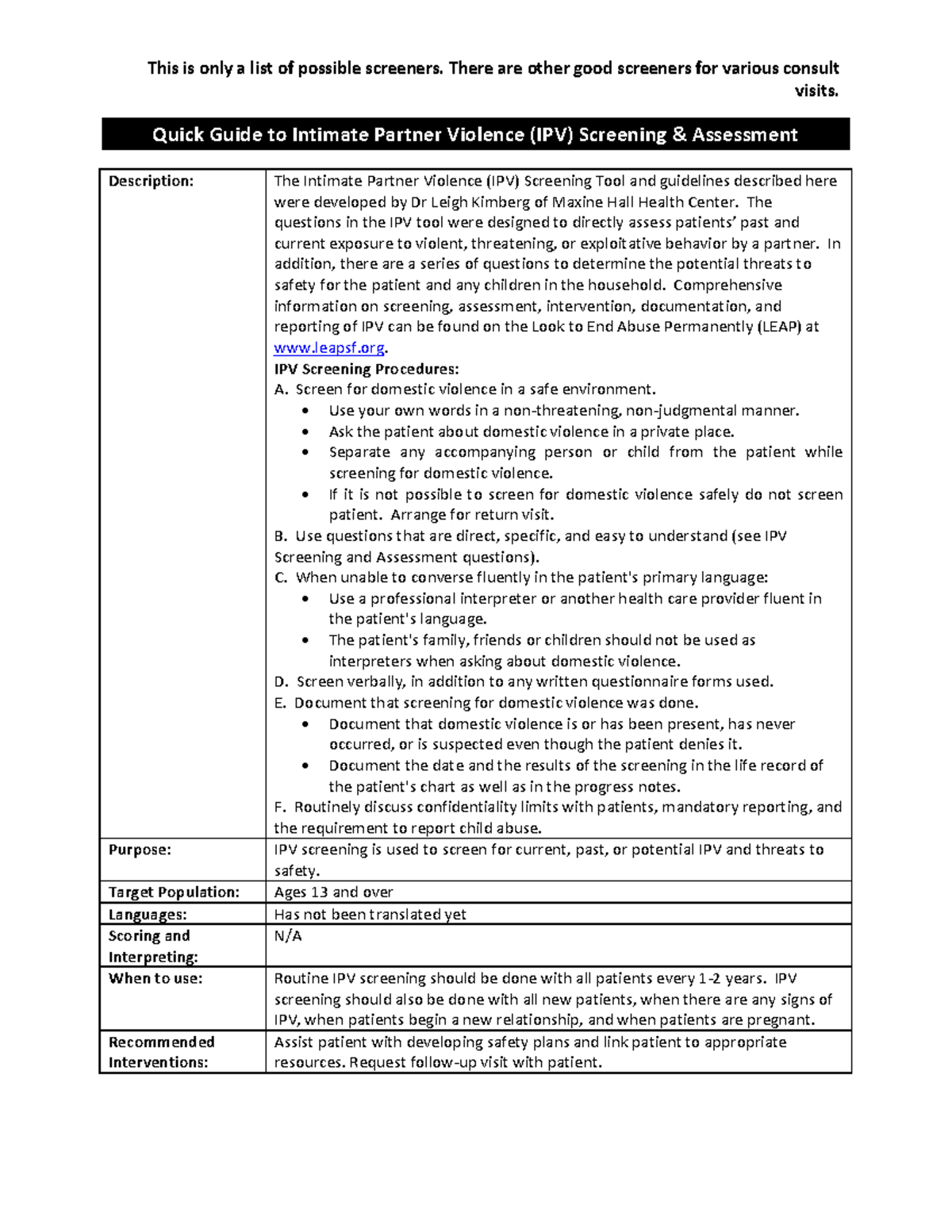 As Indicated Screening Tools Chap 8 9 - This Is Only A List Of Possible ...