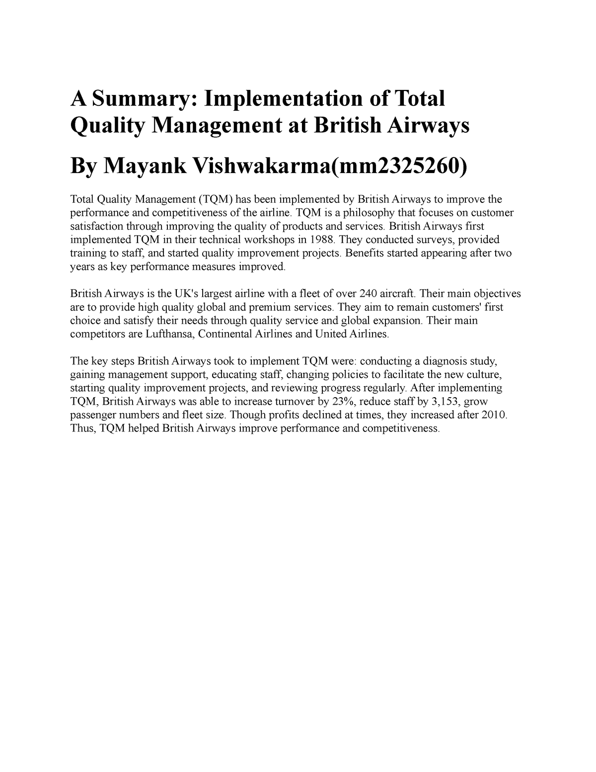 implementation of total quality management case study british airways