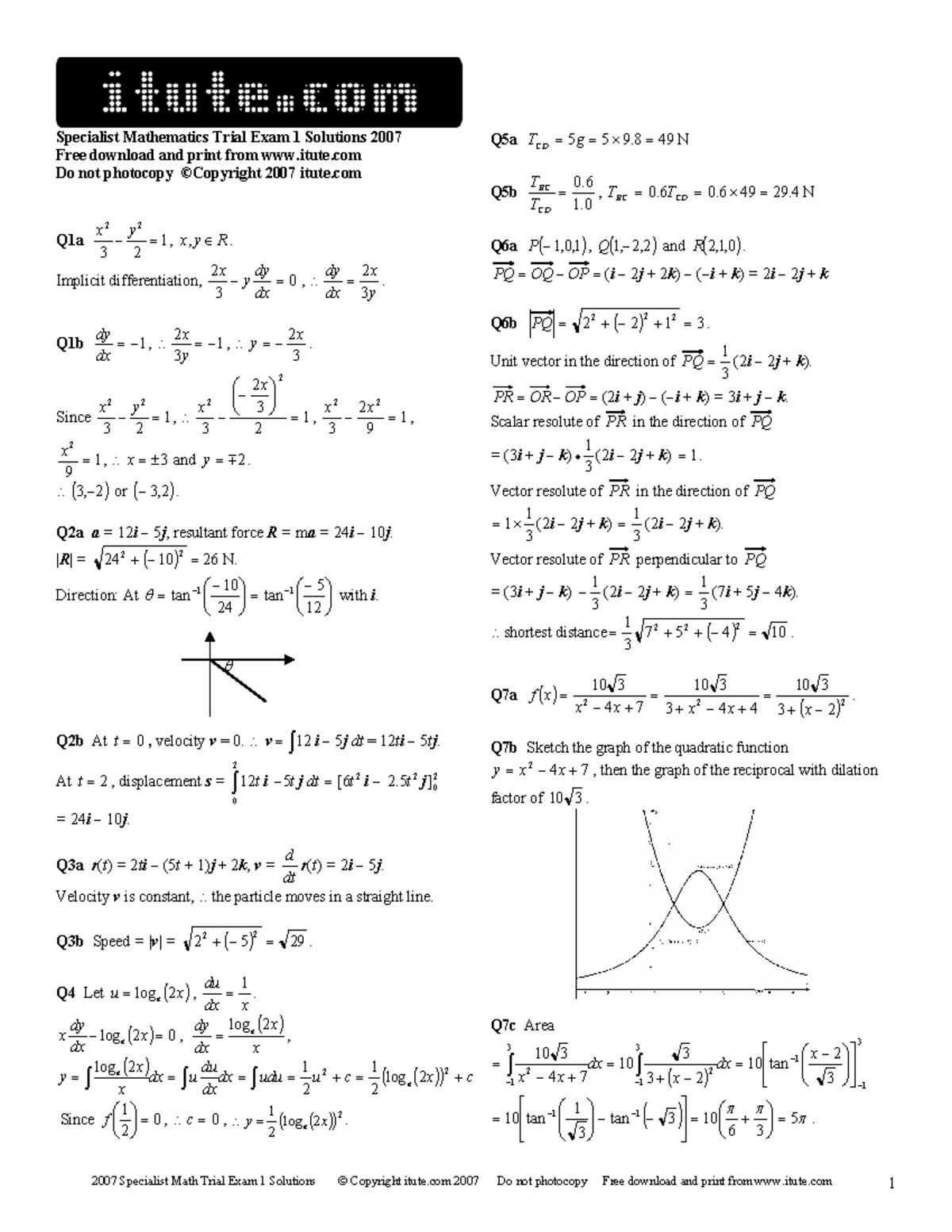 [Specialist] 2007 i Tute Exam 1 Solutions - 2007 Specialist Math Trial ...