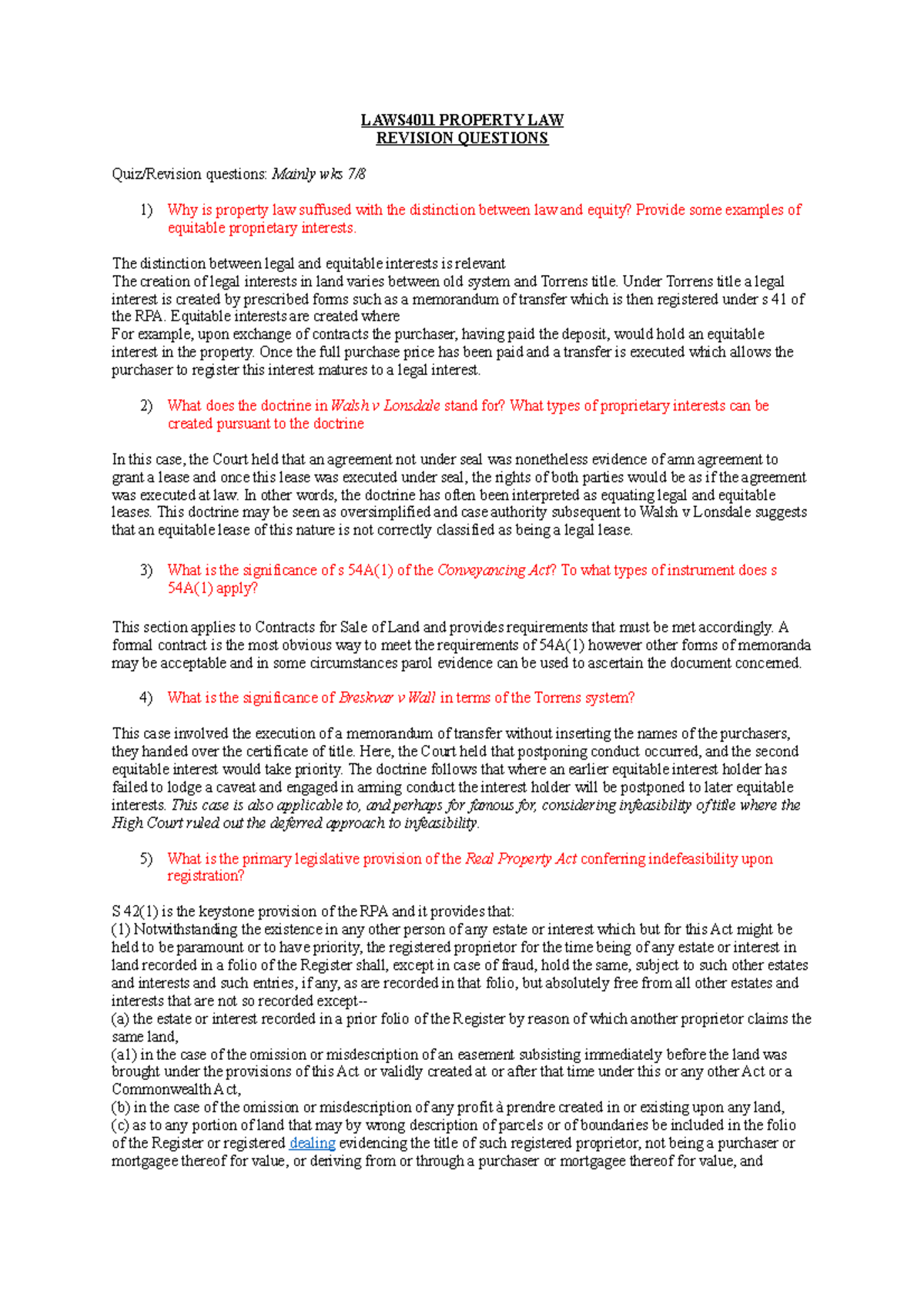 LAWS4011 Property LAW Answers to practice exam questions LAWS4011 PROPERTY LAW REVISION