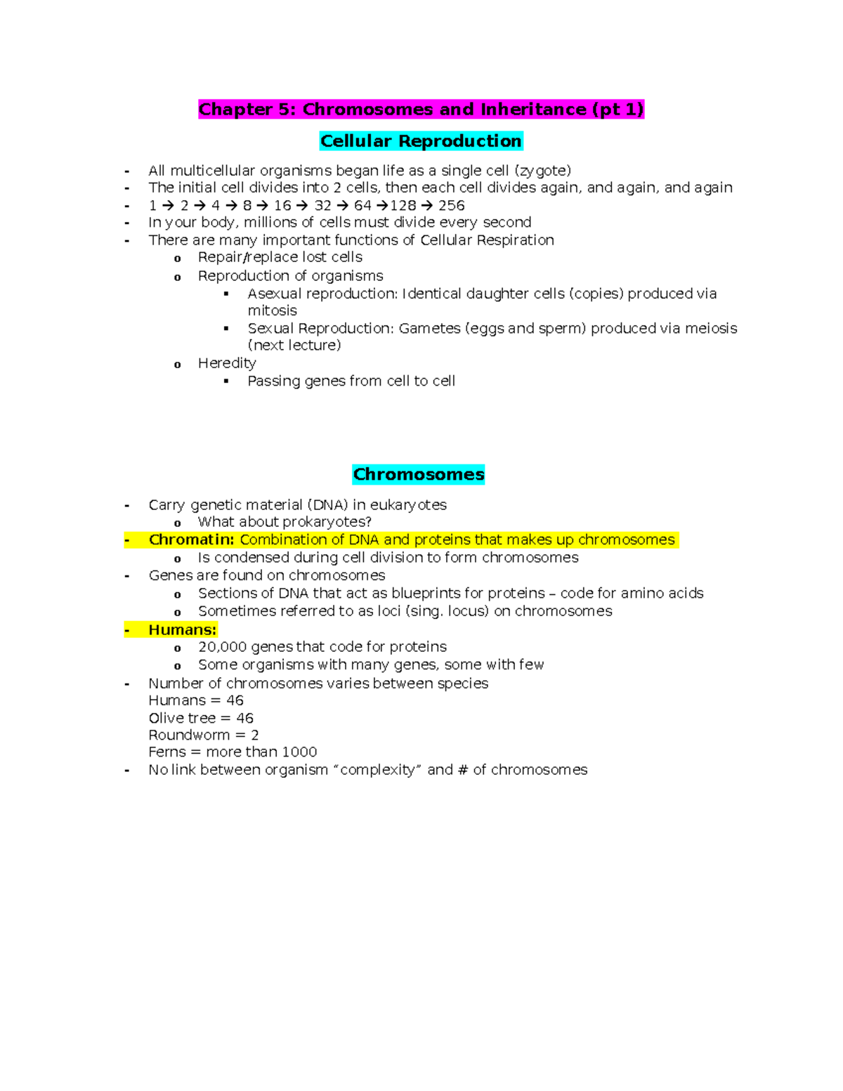 Unit 2 Biology Notes - Joycelynn Parr - Chapter 5: Chromosomes and ...