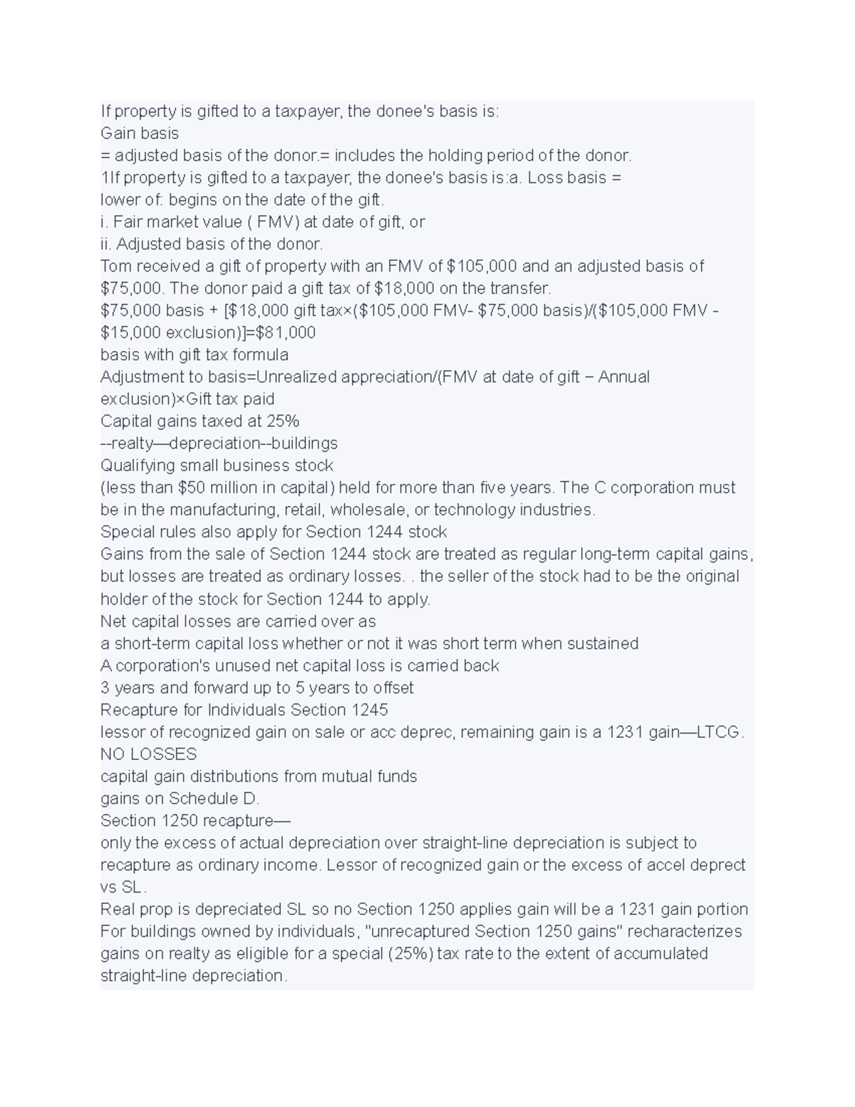 Lecture notes BUSI 310 If property is gifted to a taxpayer, the donee