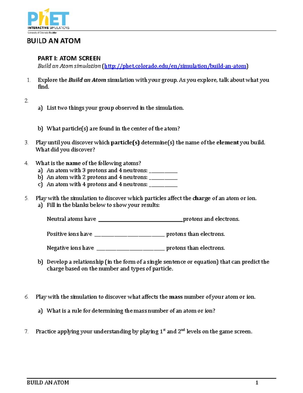 Build An Atom Guided Inquiry Student Handout BUILD AN ATOM PART I