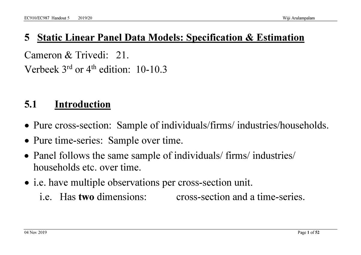 Panel Data Econometrics, Methods, Assumptions, Derivations - 5 Static ...