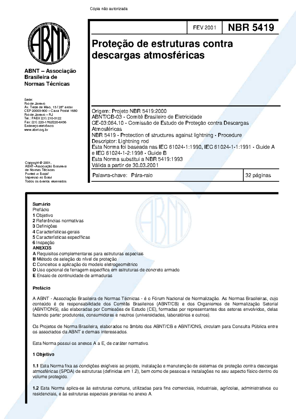 ABNT 5419 - PARA Raios - PROTEÇÃO CONTRA DESCARGAS ELÉTRICAS NBR FEV ...