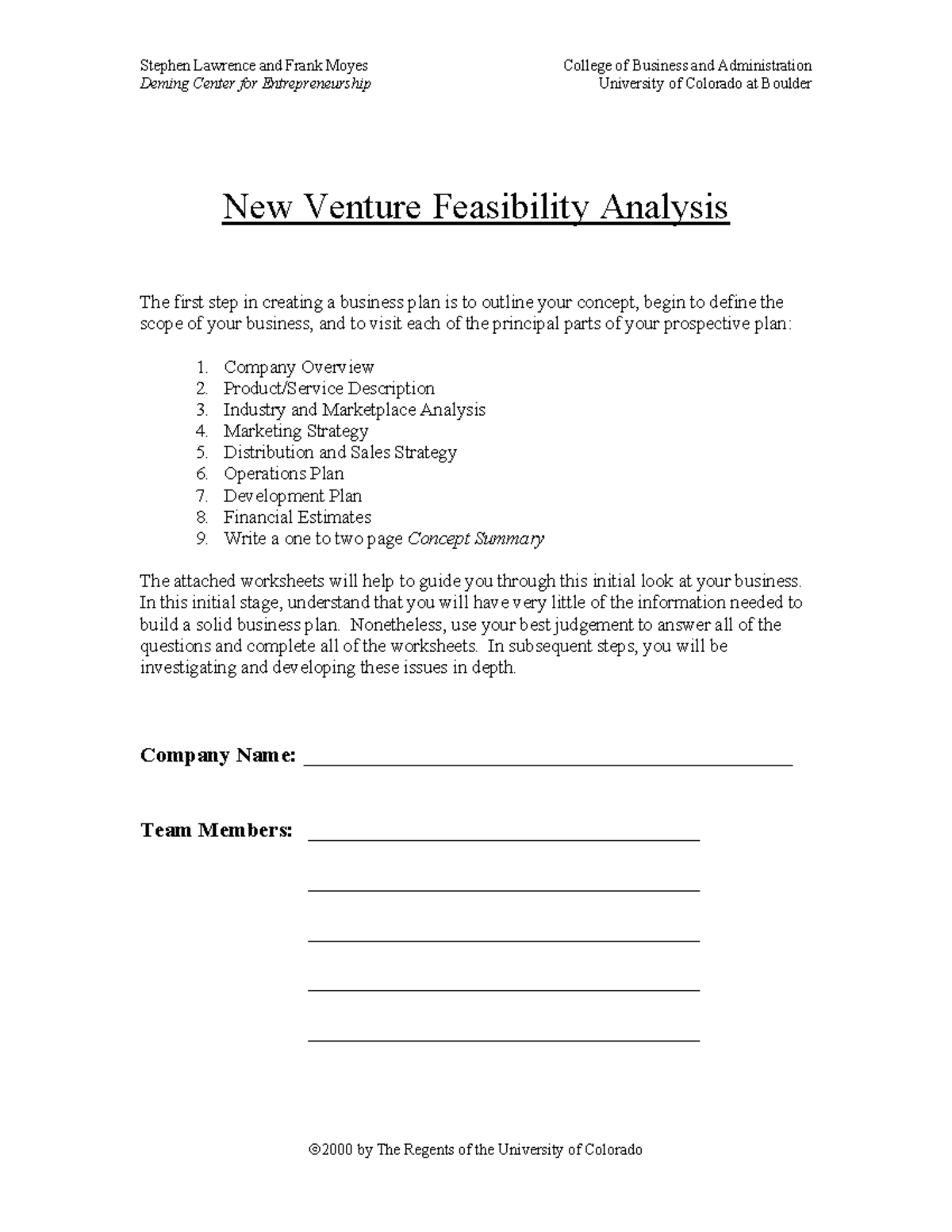 New Venture Feasibility Analysis - Stephen Lawrence and Frank Moyes ...