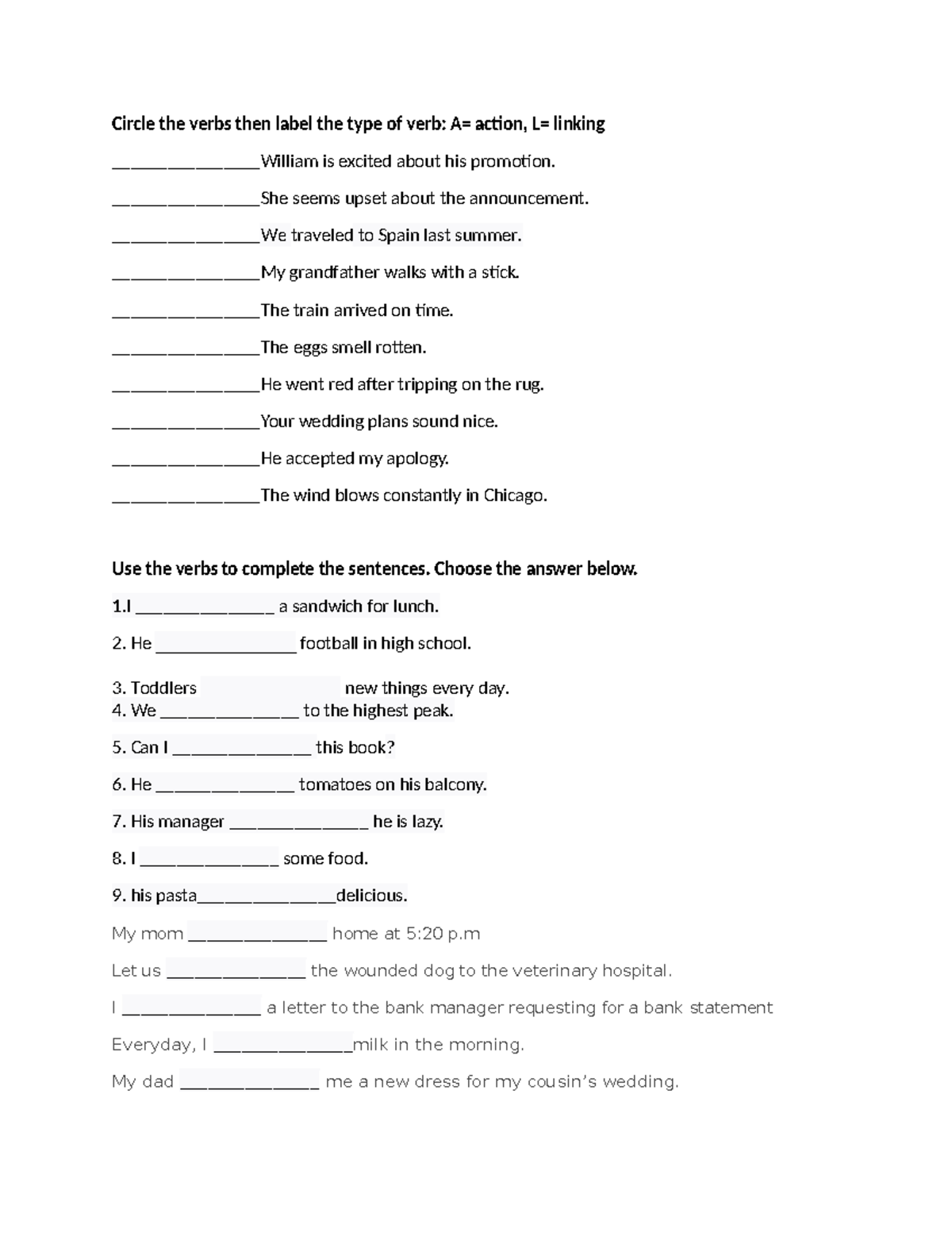 Grade 4 english reviewer - Circle the verbs then label the type of verb ...