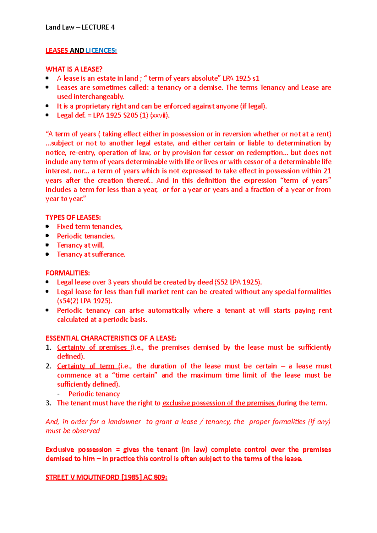 Lecture 3 - Lease:Licences - LEASES AND LICENCES: WHAT IS A LEASE? A ...
