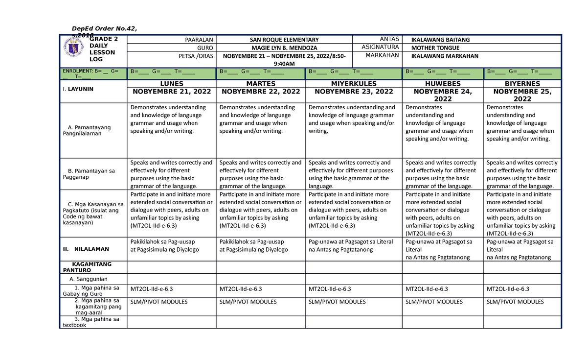 DLL MTB2 Q2 W3 - Daily Lesson Log - GRADE 2 DAILY LESSON LOG PAARALAN ...