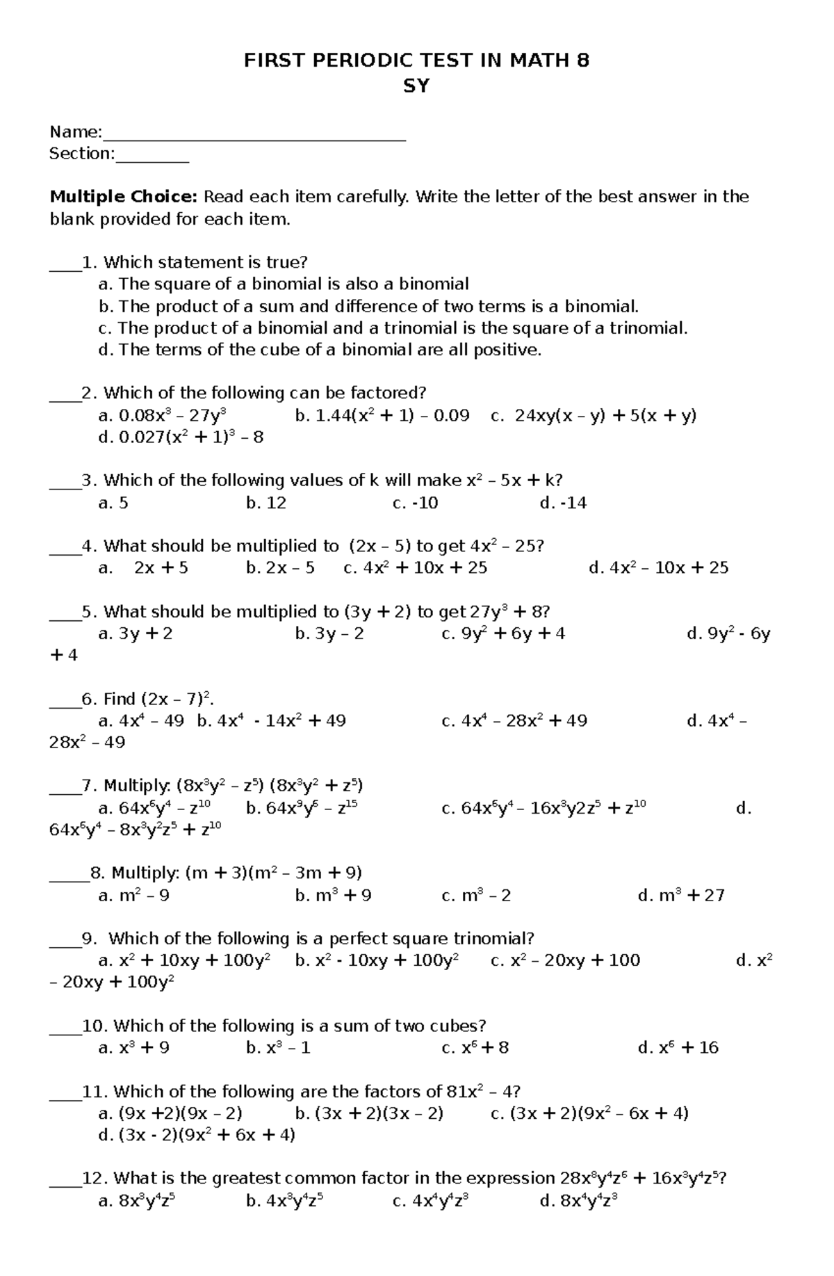 PT Mathematics 8 Q1 - study notes - FIRST PERIODIC TEST IN MATH 8 SY ...