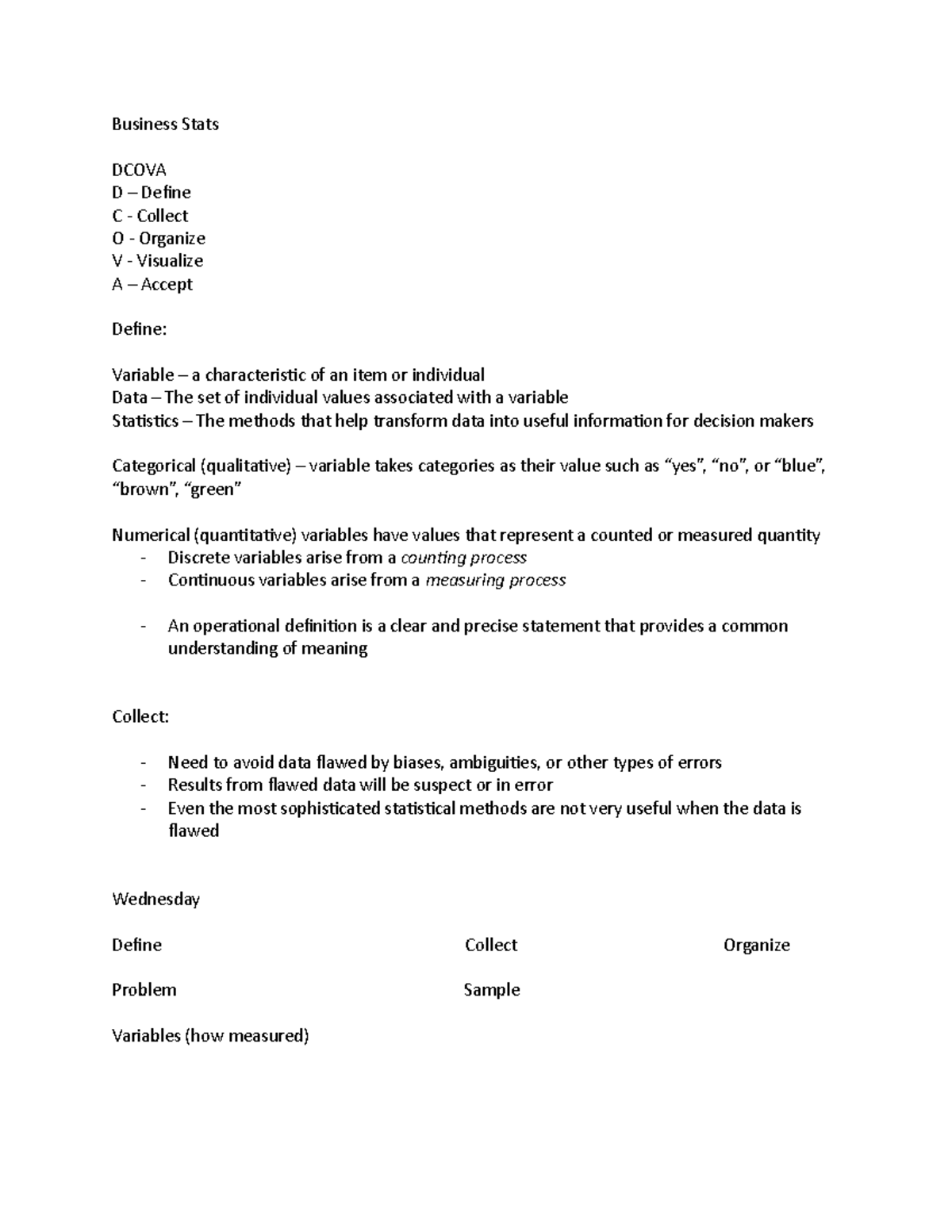 Business Stats Notes - Business Stats DCOVA D – Define C - Collect O ...