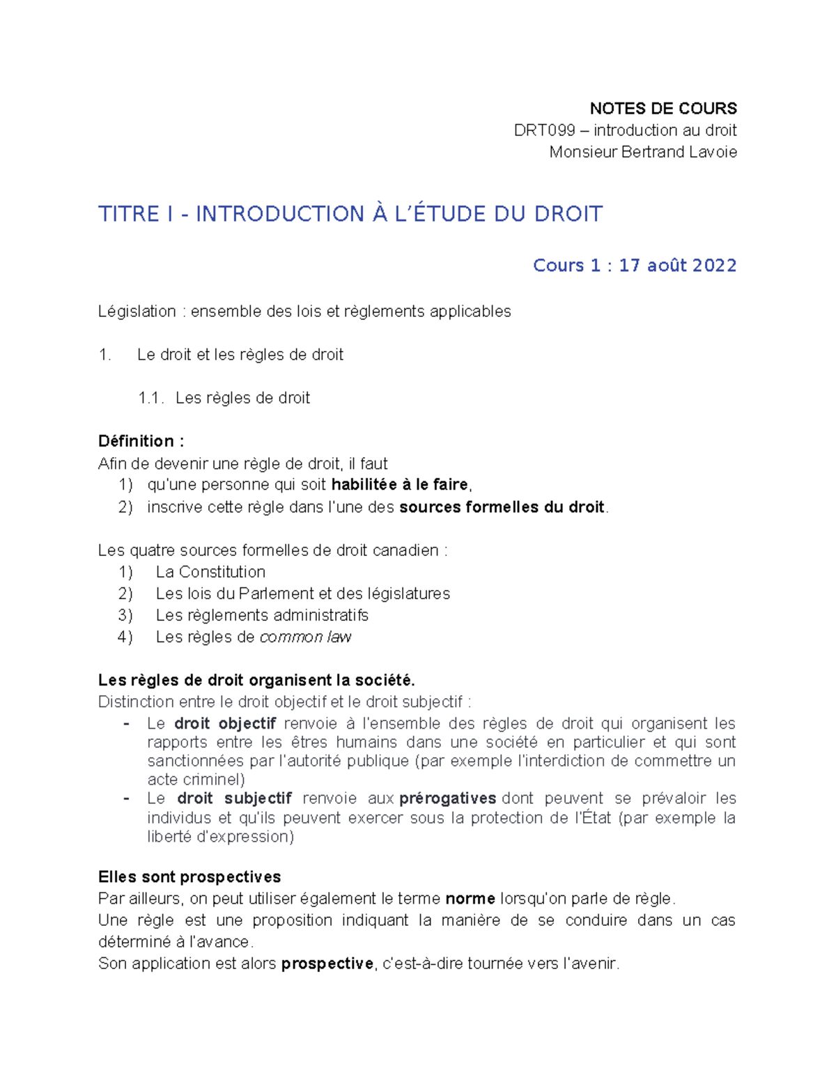 DRT099 Notes de cours - NOTES DE COURS DRT099 – introduction au droit ...