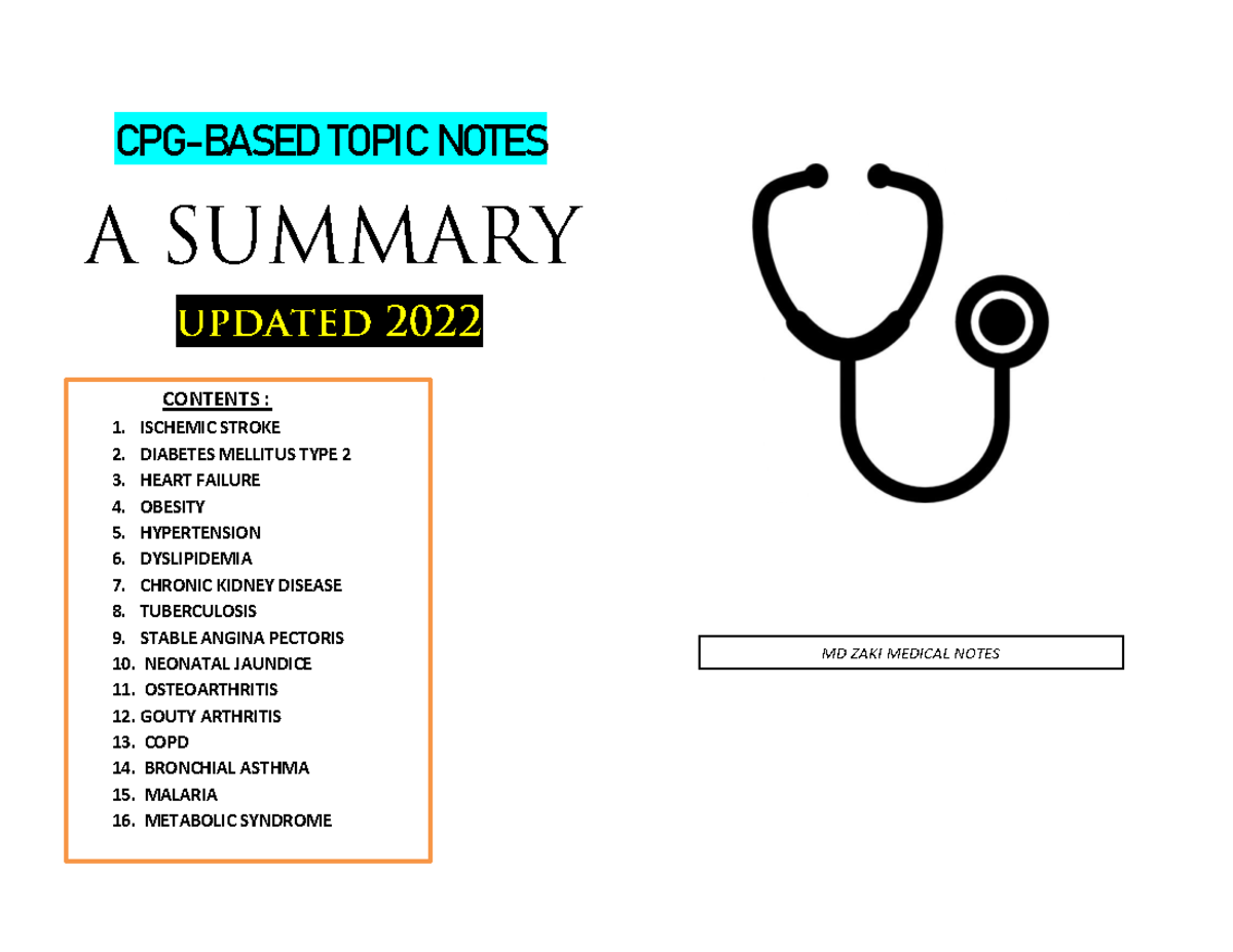 Pcm Summary Notes Short Summaries On Clinical Practice Guidelines From Kkm Malaysia Cpg 5159