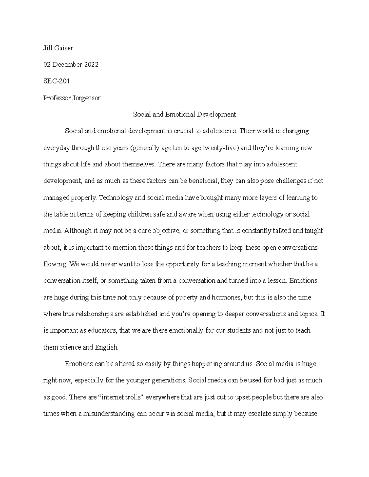 what is your emotional development essay