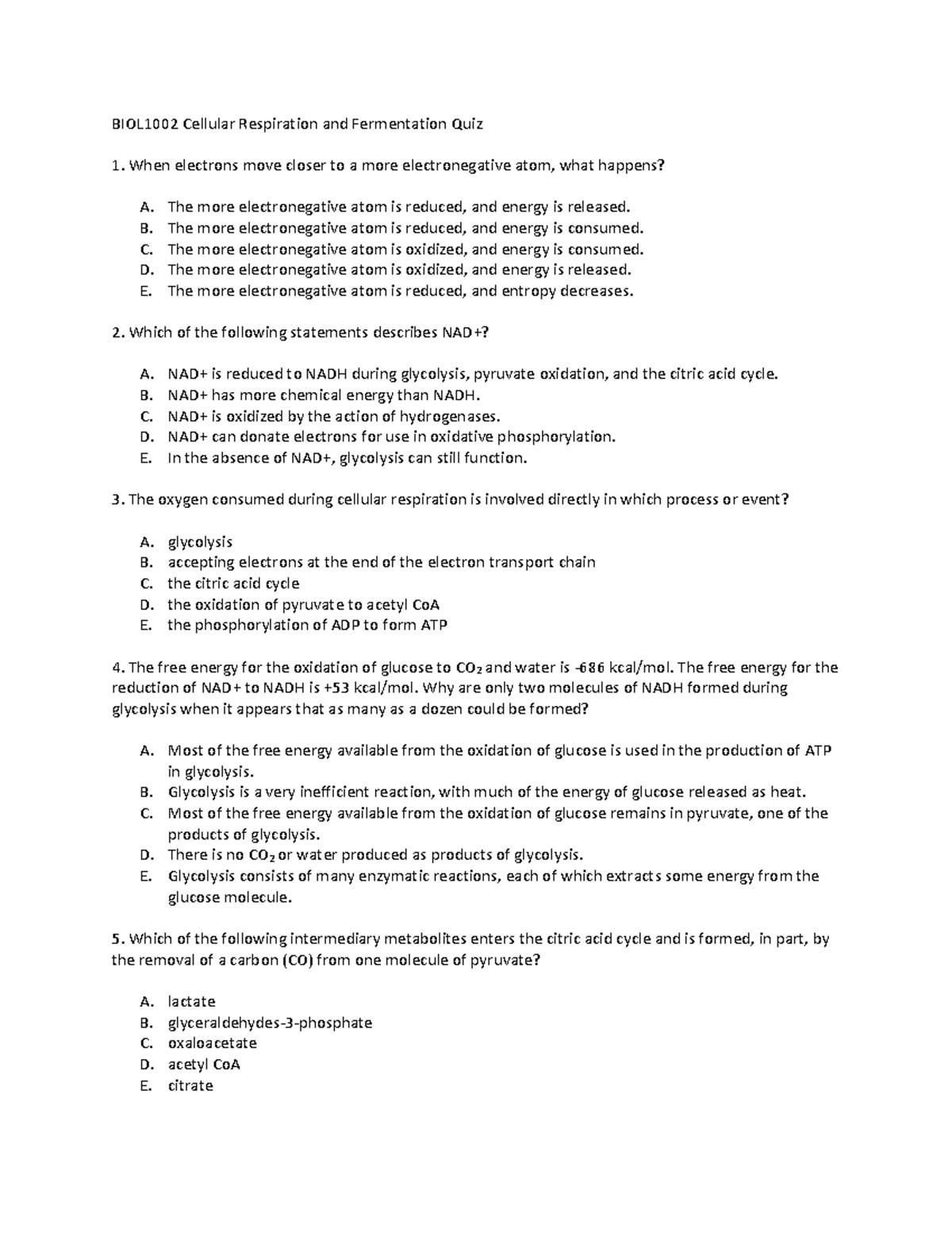 BIOL1002 Cellular Respiration and Fermentation Quiz - The more ...