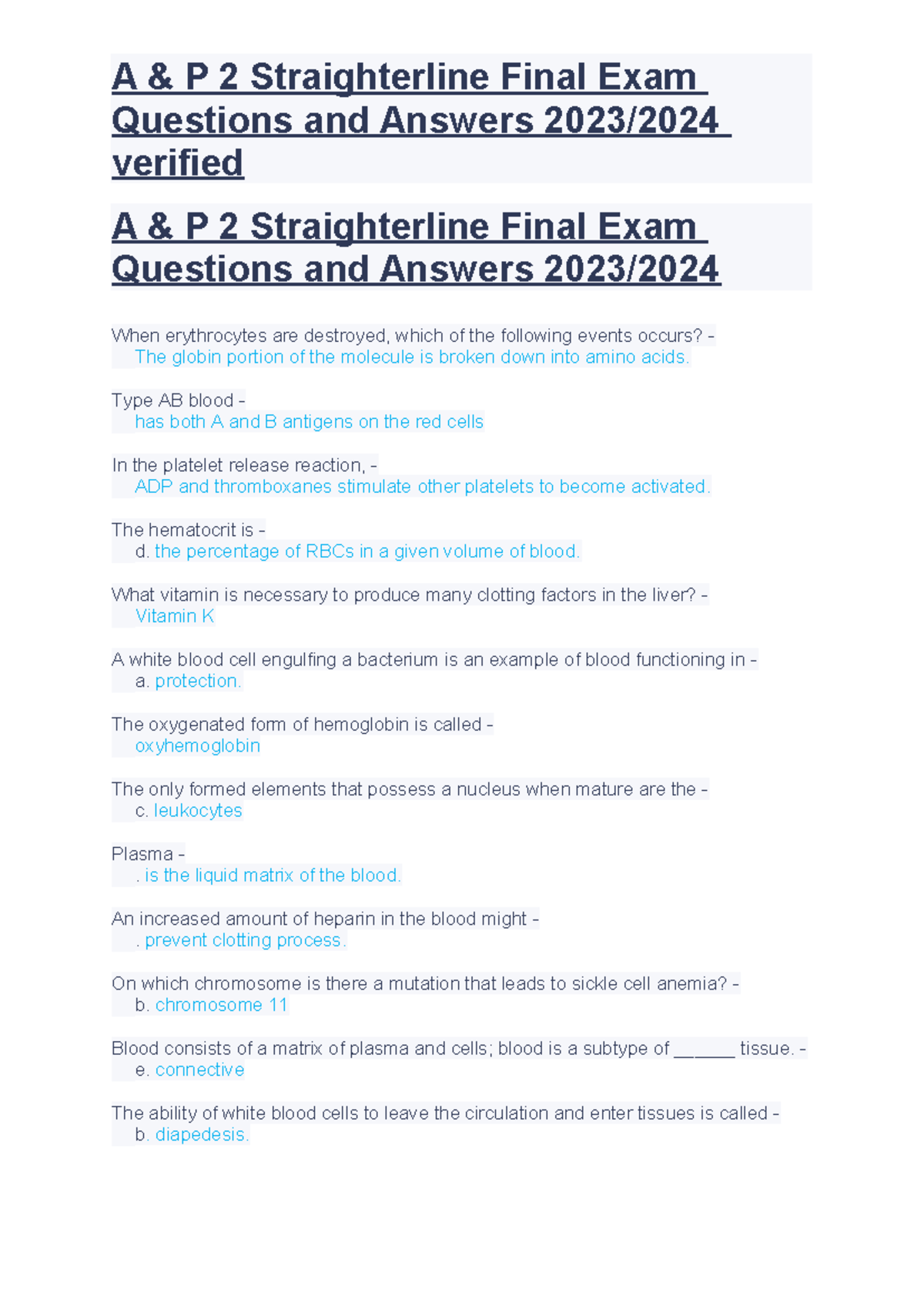A & P 2 Straighterline Final Exam Questions and Answers 2023-2024 ...
