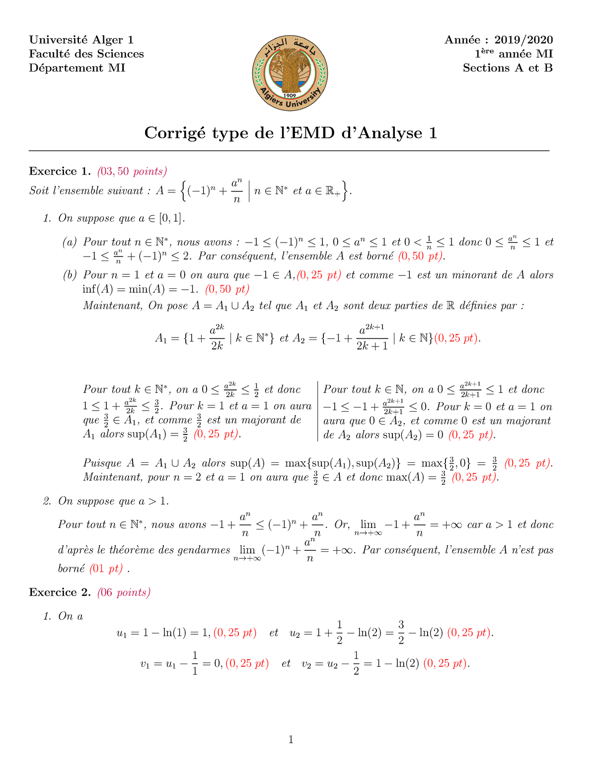 Corr Exam 2019 2020 - Corr Exam 2019 2020 - Universit ́e Alger 1 Facult ...