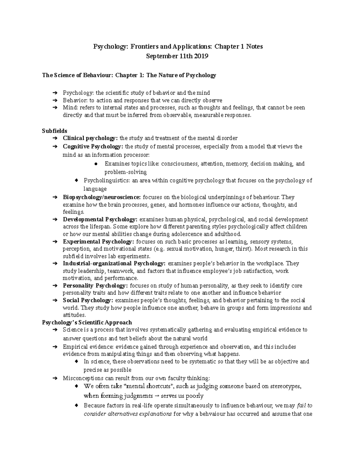 Psych- Chapter 1 notes - Psychology: Frontiers and Applications ...