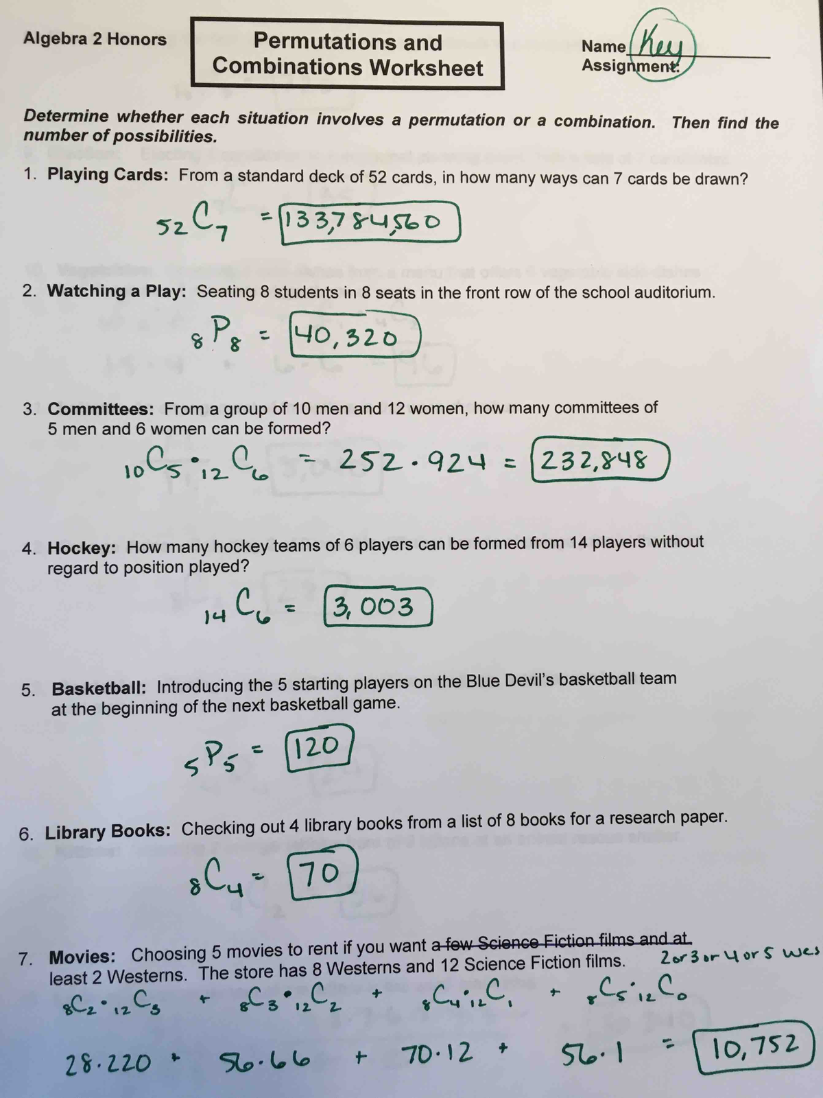 Permutations and Combinations Worksheet KEY - Actuarial science - Studocu
