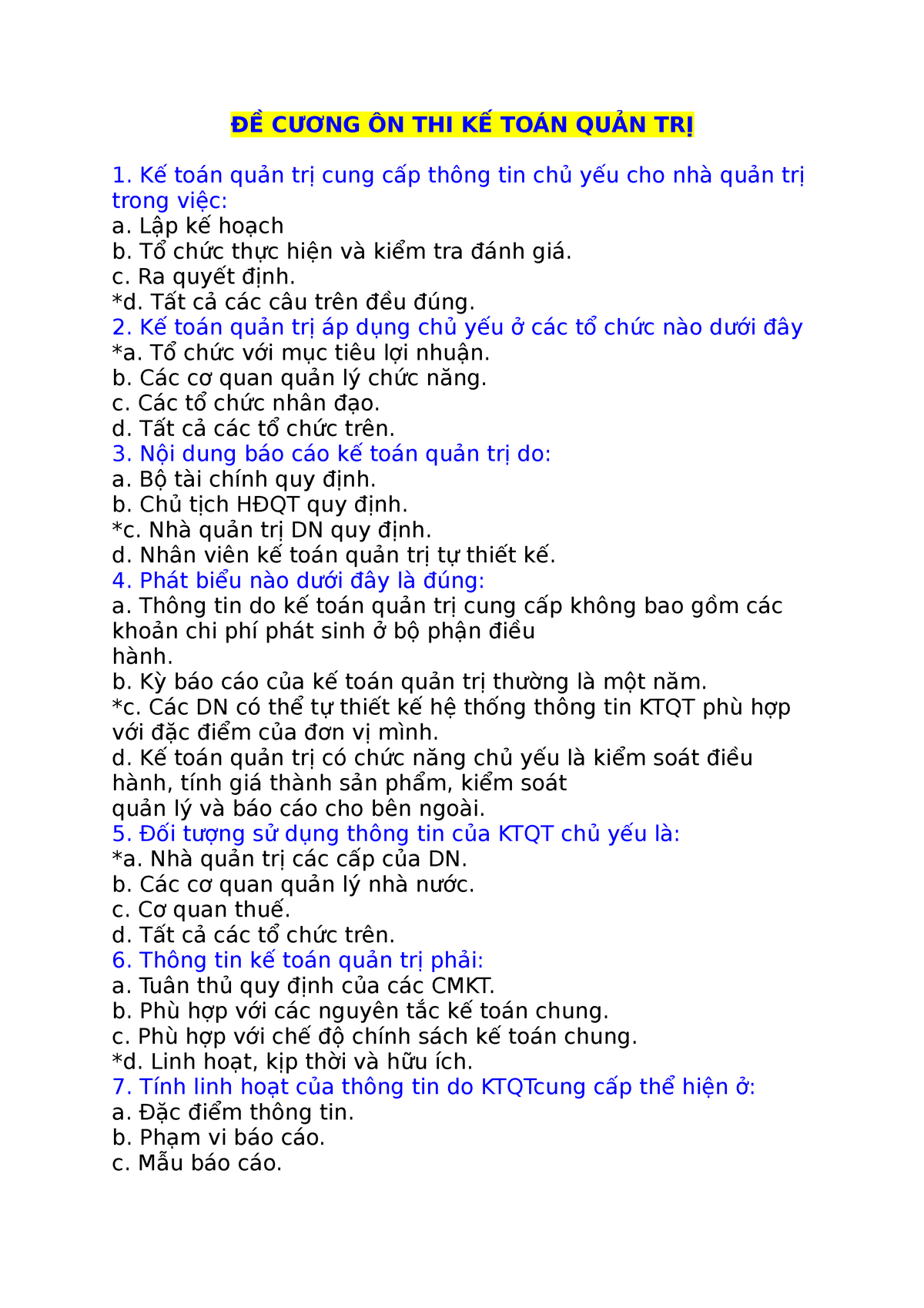 ĐỀ CƯƠNG ÔN THI KẾ TOÁN QUẢN TRỊ Trắc nghiệm ĐỀ CƯƠNG ÔN THI KẾ TOÁN QUẢN TRỊ Kế toán quản