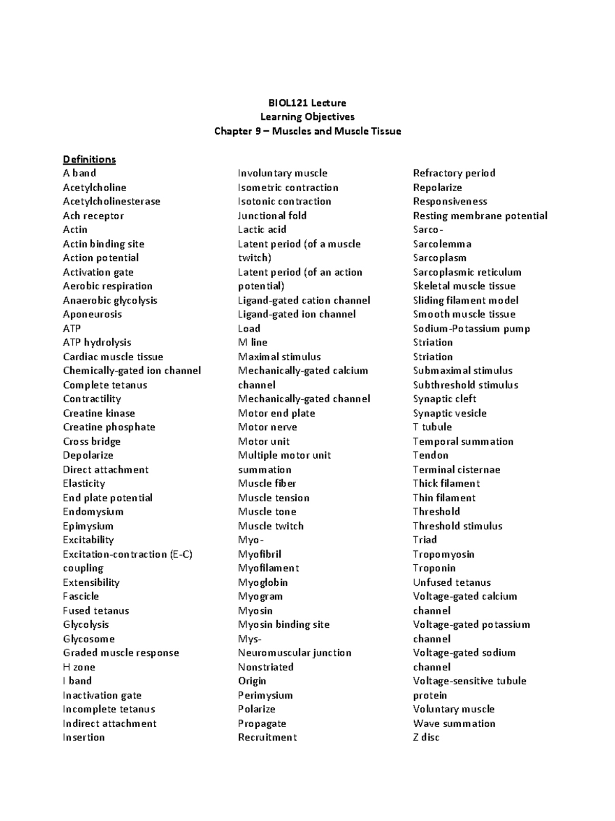 Chapter 9 - Learning Objectives - BIOL121 Lecture Learning Objectives ...
