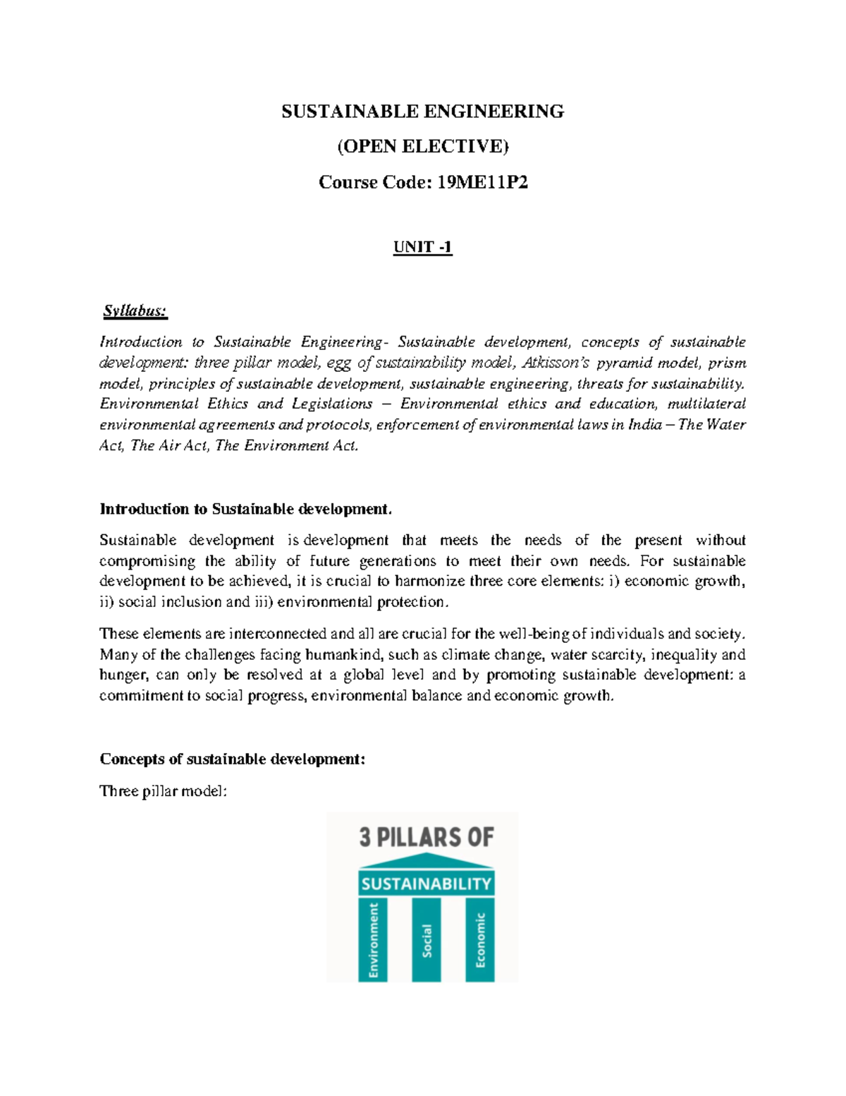 Sustainble engg notes unit 1 - SUSTAINABLE ENGINEERING (OPEN ELECTIVE ...
