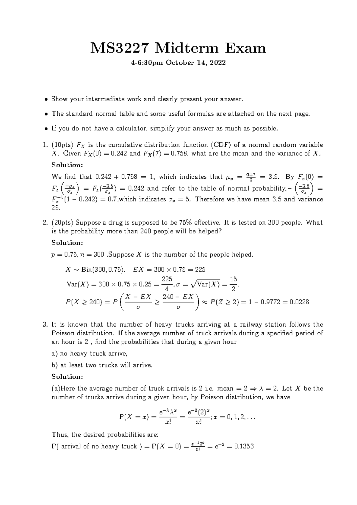 Midterm solution - MS3227 Midterm Exam 4-6:30pm October 14, 2022 Show ...