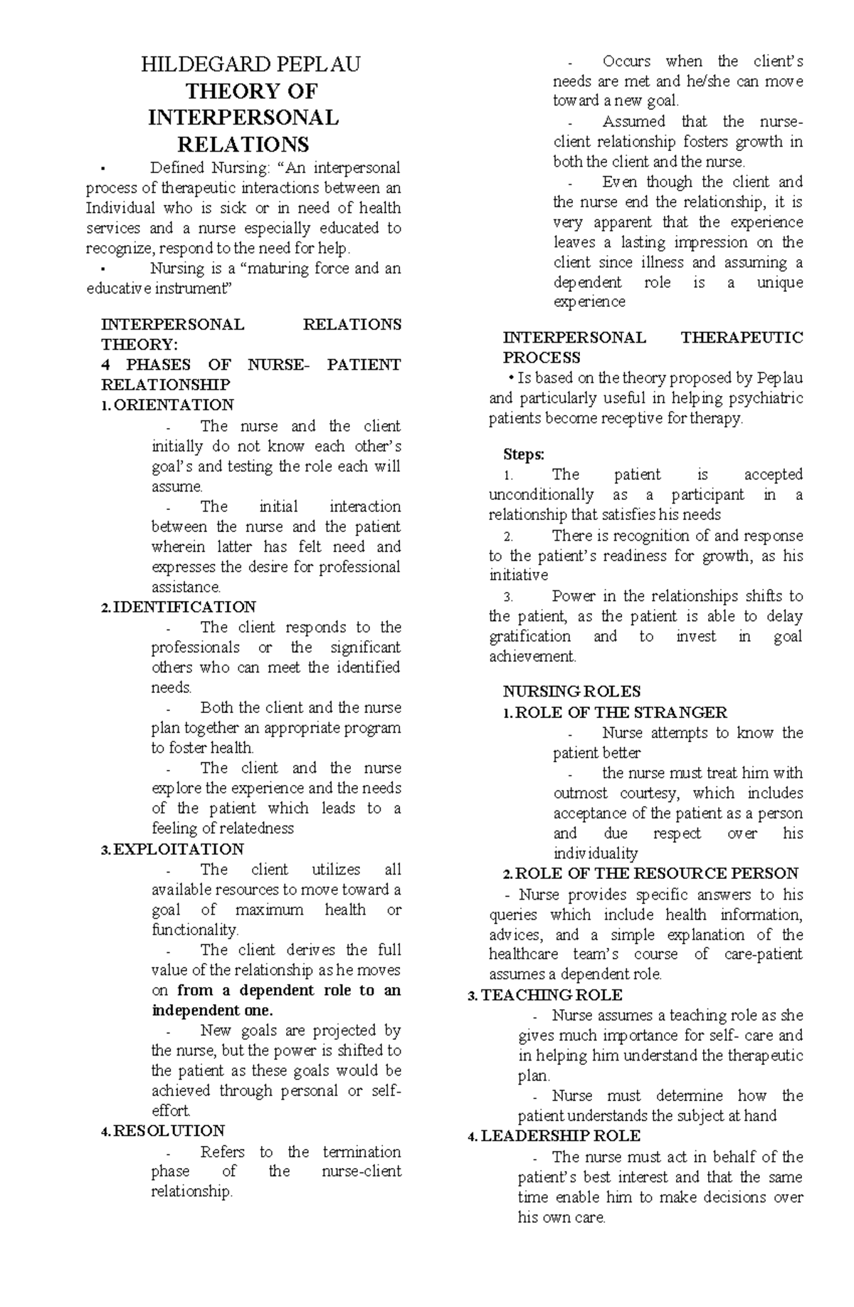 Peplau and Orlando Summary Nursing HILDEGARD PEPLAU THEORY OF