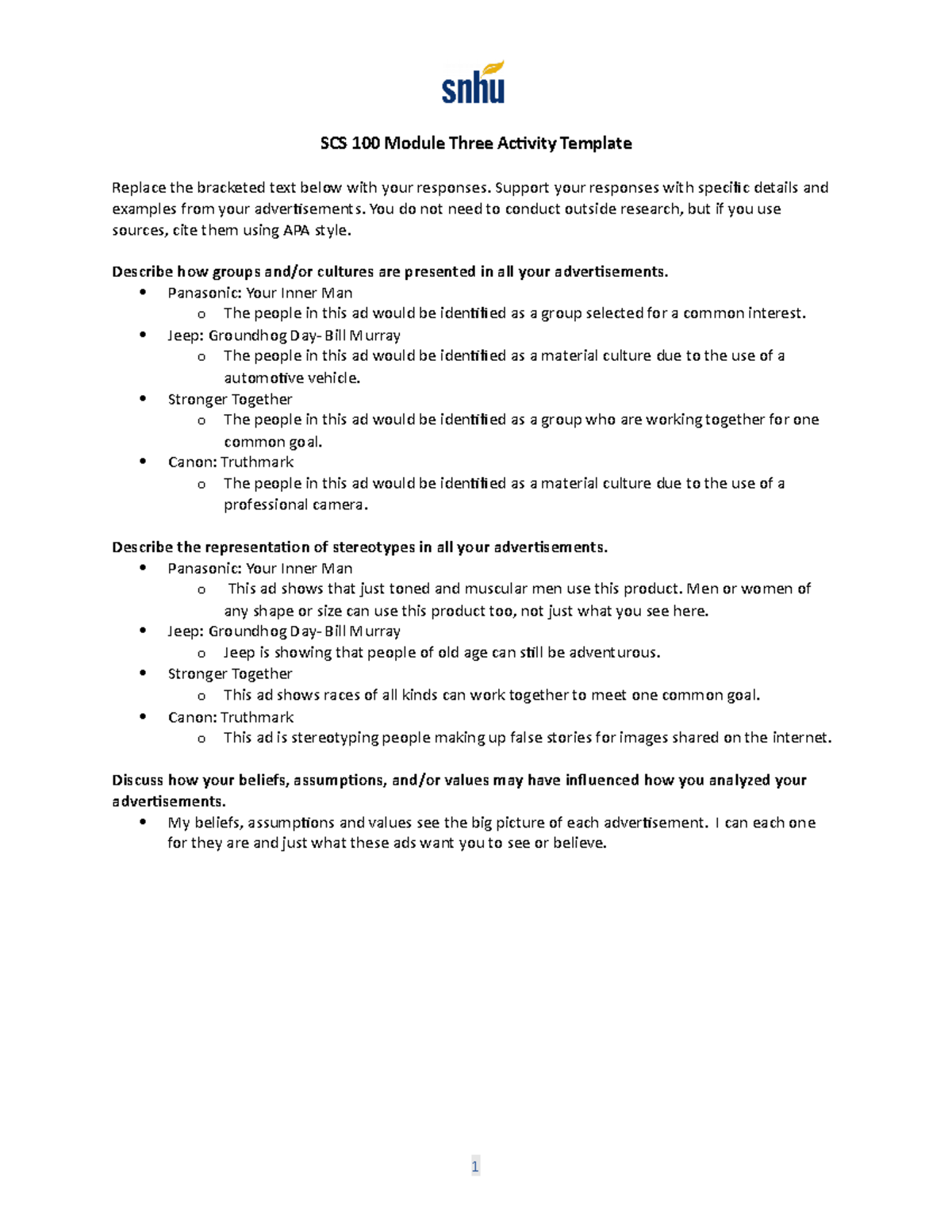 SCS 100 Module Three Assignment SCS 100 Module Three Activity