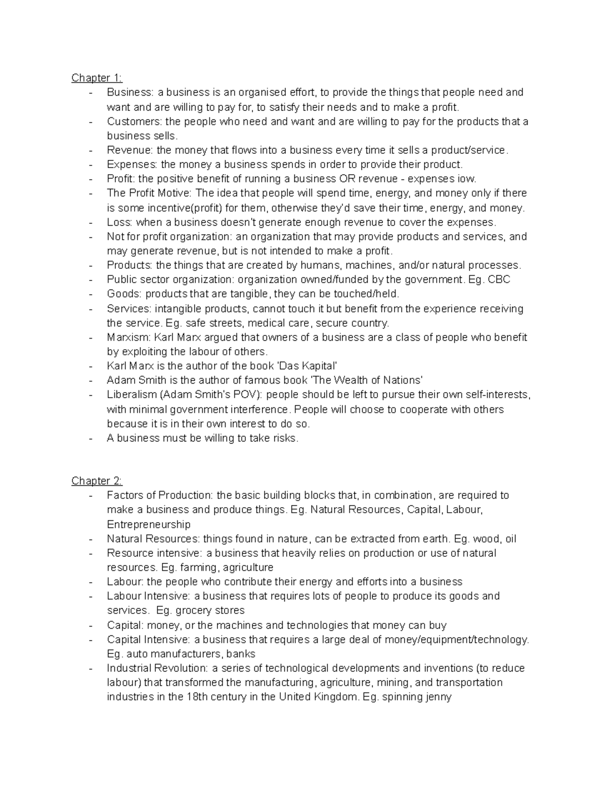 MGTA01 Final Exam Review Notes - Chapter 1: - Business: a business is ...
