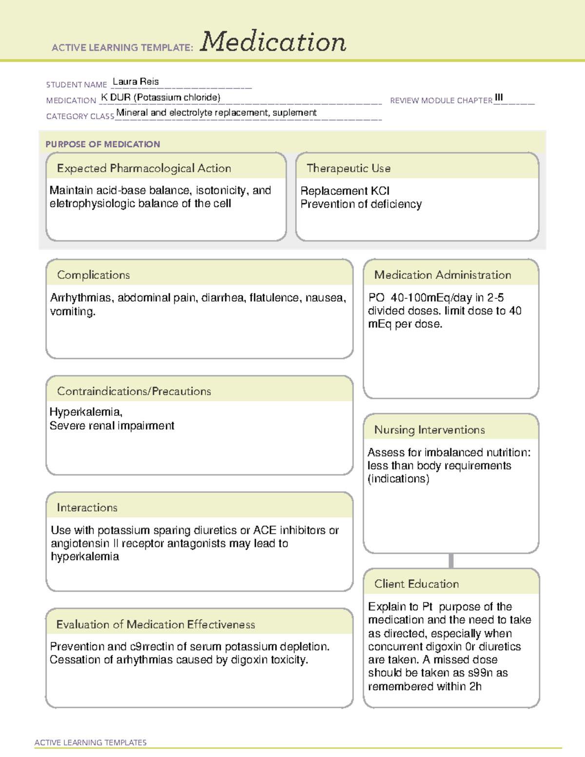 Ati Medication K Dur - Active Learning Templates Medication Student 