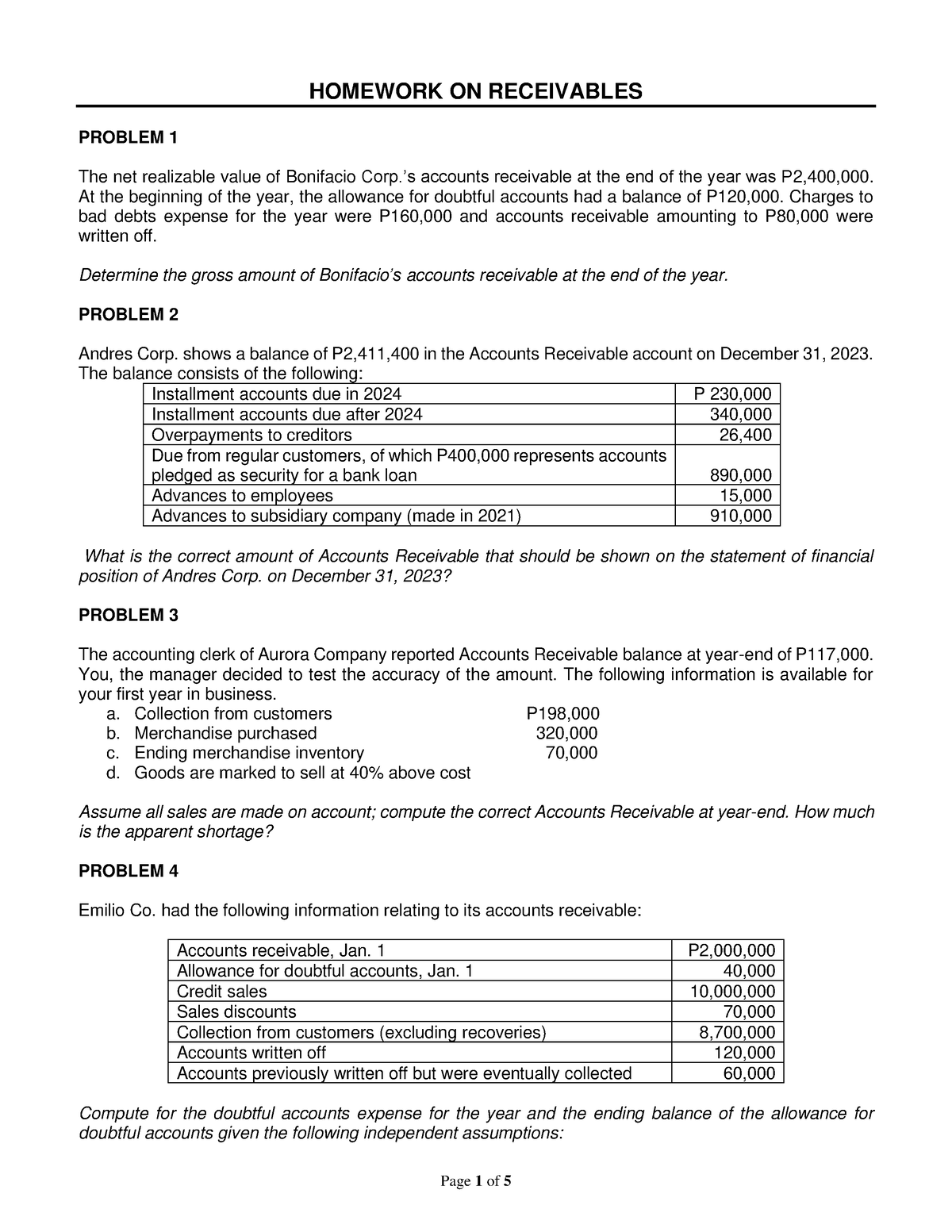 HW On Receivables B - HOMEWORK ON RECEIVABLES PROBLEM 1 The Net ...