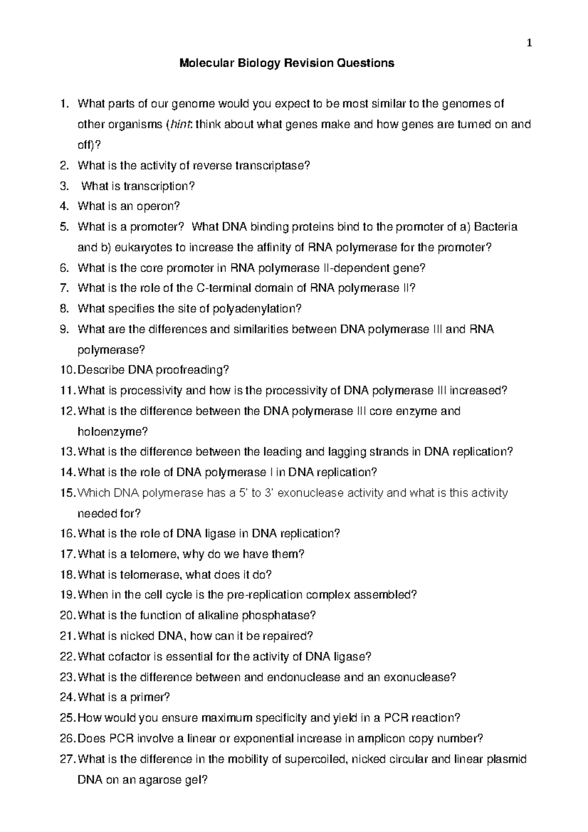 Lecture 13 Revision questions 1 Molecular Biology Revision Questions