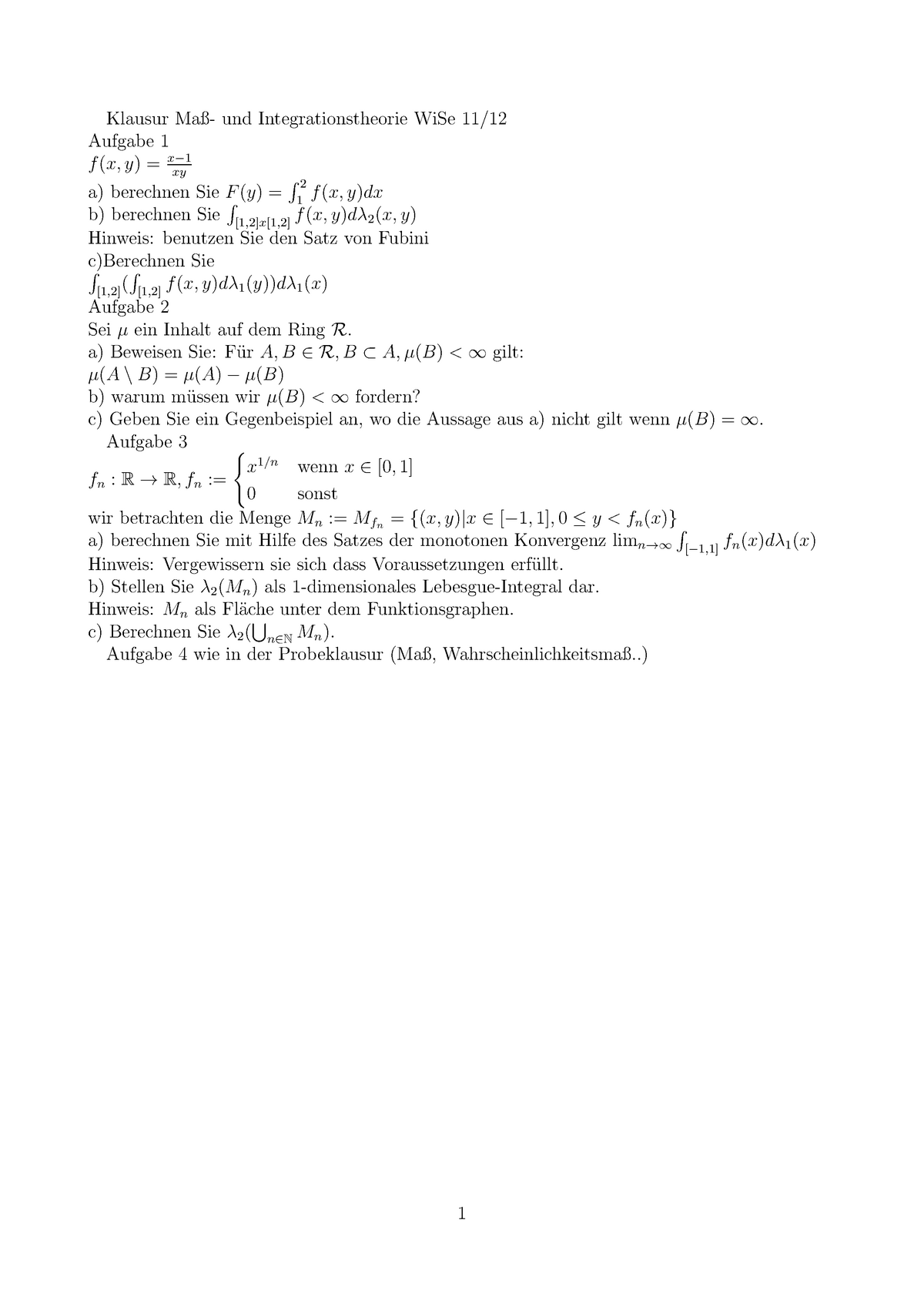 Maß- Und Integrationstheorie: Klausur Vom Wintersemester 2011 (Lösungen ...