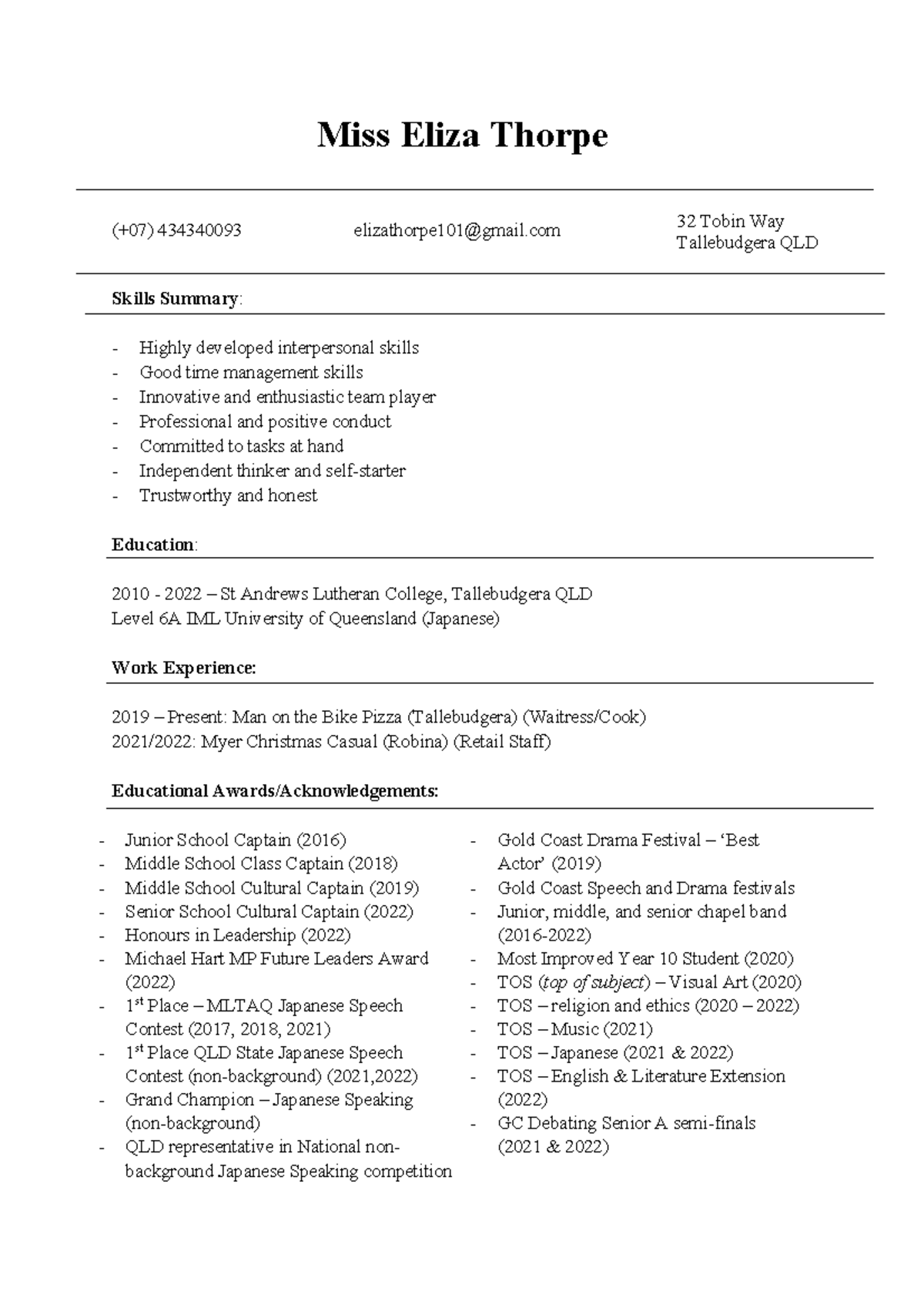Resume 2023 - good summary - Miss Eliza Thorpe (+07) 434340093 ...